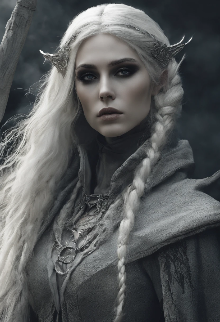 Elf Mage, tall, thin, The Magic Staff , cloak, pale skin, black eyes, gothic, dark, evil, creepy