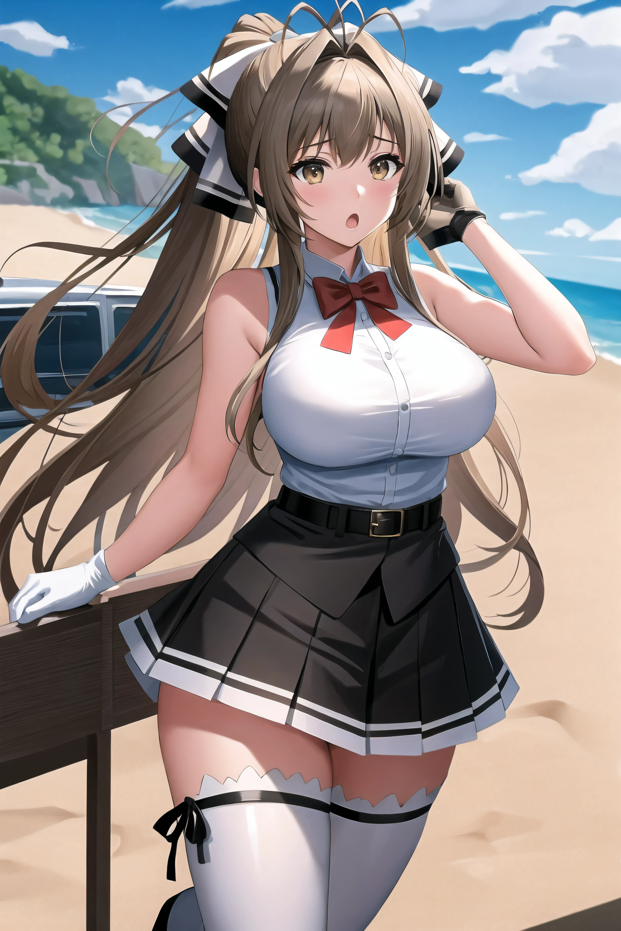 masterpiece, best quality, highres, aaisuzu, aaisuzu, 1girl, ponytail, brown eyes,wearing skirt, shirt, thighhighs, gloves, bow, ribbon, bare shoulders, white shirt, sleeveless, belt, black thighhighs, miniskirt, bowtie, beach, wariza, :o, hand on own chest,