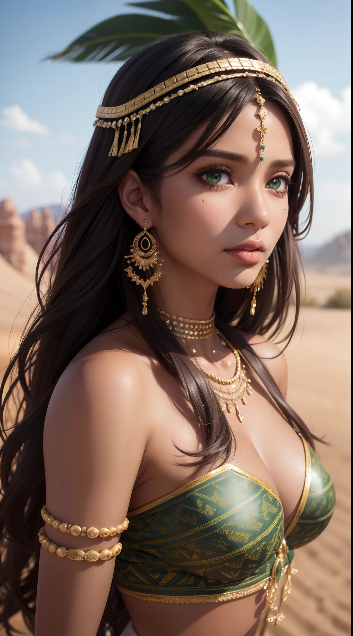 perfect green eyes, perfect face, perfect lighting, photoshoot, 1 beautiful woman, brown skin, mature female wearing SSAHC, SSAHC, dark-skinned, colorful tribal dress, headdress, thick eyelashes, makeup, eyeshadow, medium hair, oasis, desert detailed outdoor background, ultra realistic