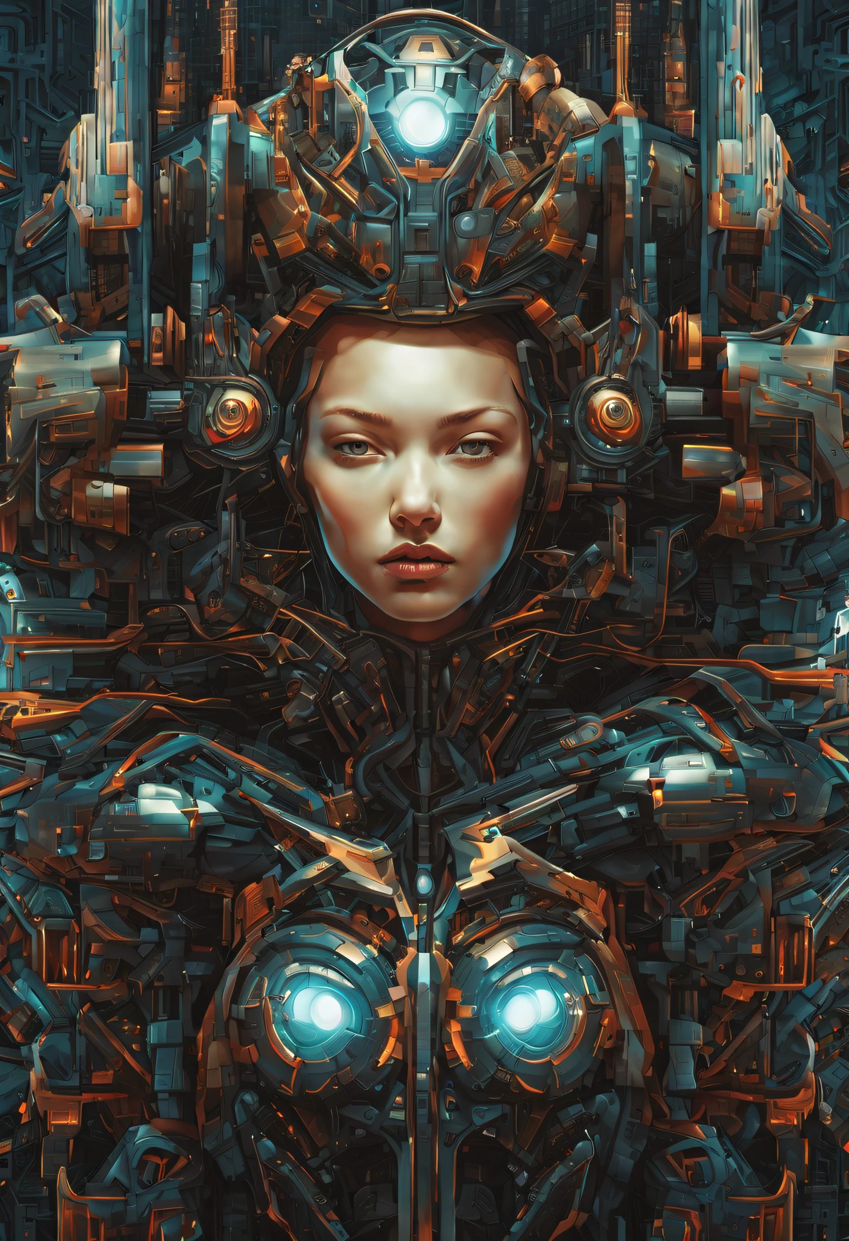 Complex illustrations in surrealist art style,mecha-girl,Experimental and futuristic cybernetic details, vibrant, quantum wavetracing, ultra-modern, Cinematic, Ultra detailed, Intricate, professional . Cybernetics, Human-machine integration, dystopian, There is an opportunity to meet the labor, Dark, Intricate, Highly detailed