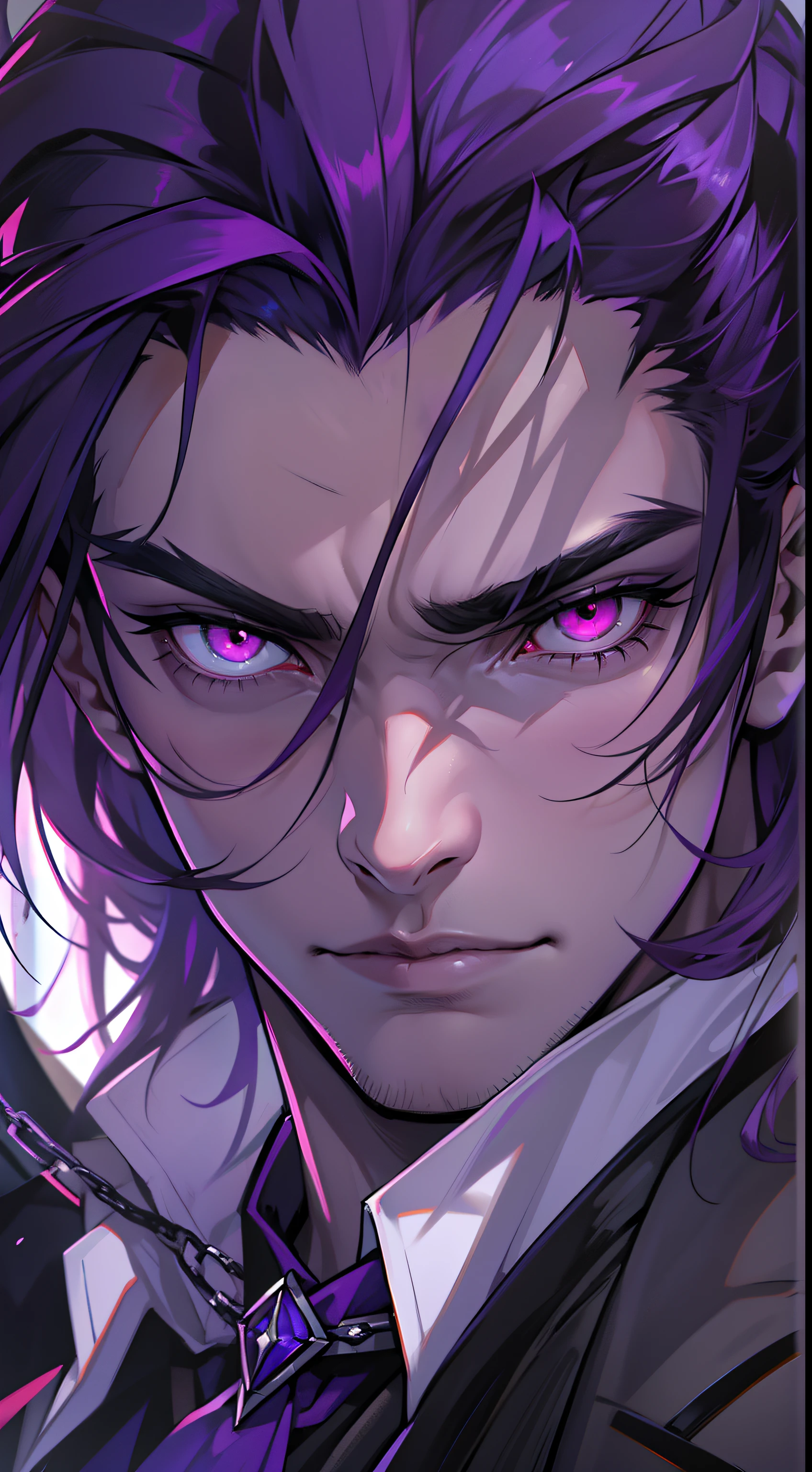 like all the demon princes, I am quite tall. I have purple hair tied back in a ponytail, and red eyes with sharp silver pupils. I wear fine clothes, as befits a prince of Hell, though they are always black. My demeanor is haughty, arrogant, and superior to others. I carry myself with confidence and a sense of pride that is unrivaled. When I speak, my words are sharp and my voice is powerful. I am the embodiment of pride and arrogance. handsome male, bara, muscular (8k) (good quality) dark purple hair. Red eyes.