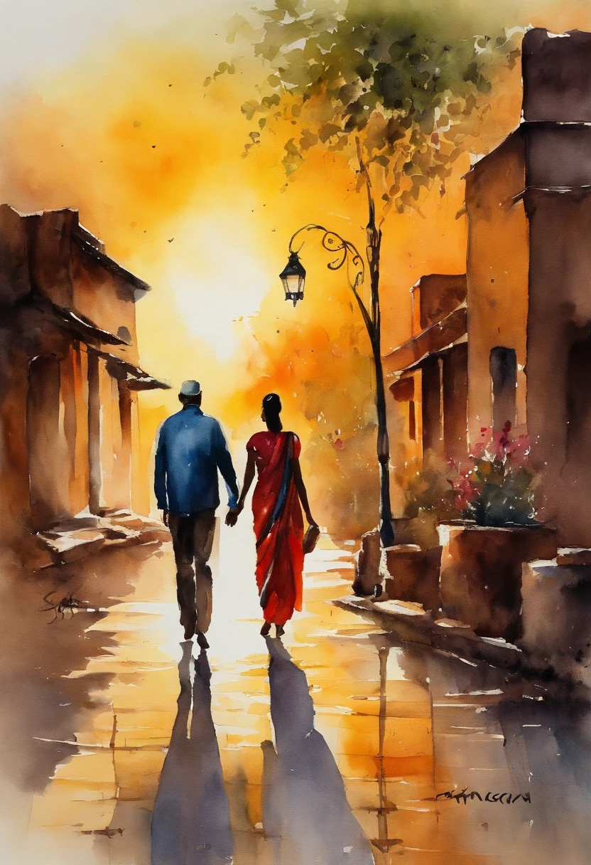 Man and his wife stroll in beautiful evening sun, set against city of Bhavnagar