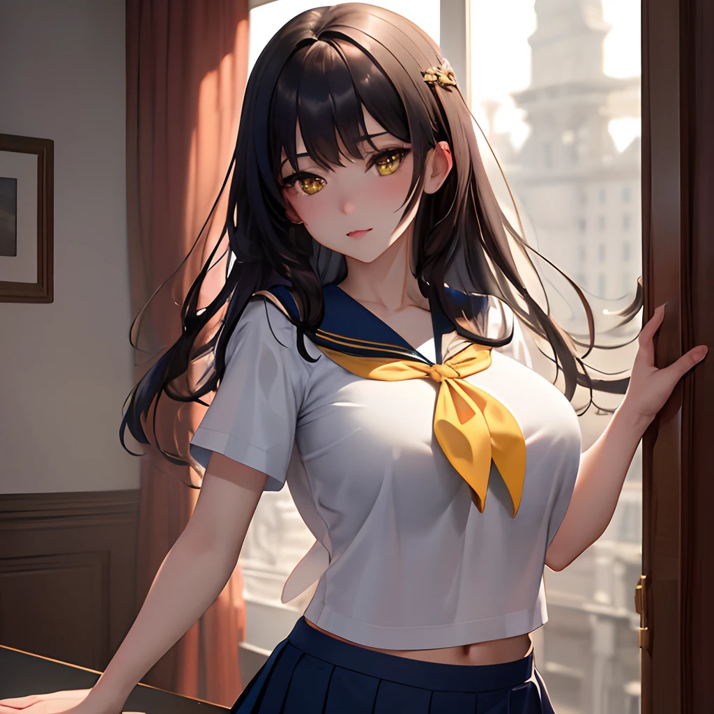 masterpiece, best quality, extremely detailed cg unity 8k wallpaper, high-quality, ultra-detailed, depth of field,beautiful detailed skin, beautiful detailed body,beautiful detailed eyes,sparkling eyes,drooping eyes,beautiful detailed face,cute face,1 mature women,dark hair,yellow eyes,(sailor uniform,(white short sleeve shirt,navy blue collar,(red chest ribbon:0.8),mini skirt)),huge breasts,