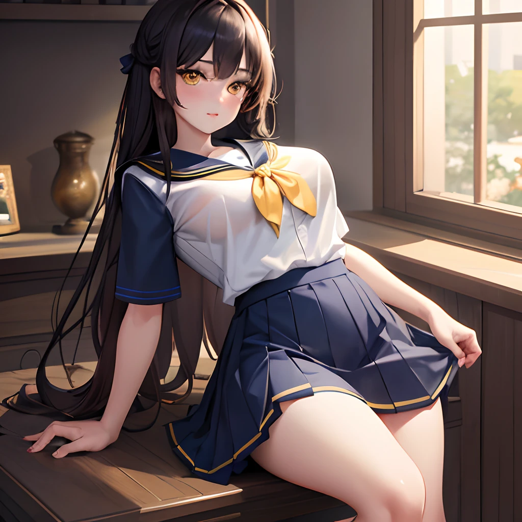 masterpiece, best quality, extremely detailed cg unity 8k wallpaper, high-quality, ultra-detailed, depth of field,beautiful detailed skin, beautiful detailed body,beautiful detailed eyes,sparkling eyes,drooping eyes,beautiful detailed face,cute face,1 mature women,dark hair,yellow eyes,(sailor uniform,(white short sleeve shirt,navy blue collar,(red chest ribbon:0.8),mini skirt)),huge breasts,