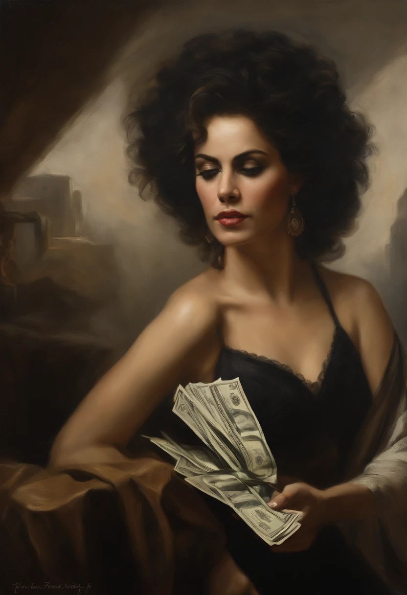 um mulher morena lutando contra o dinheiro, oil painting, pinceladas duras, dramatic lighting, intense expression, Olhos determinados, punhos cerrados, suor escorrendo pelo rosto, terno enrugado, Correntes quebradas, Crumbling dollar bills, Chart of the crumbling stock market, smoke rising in the background, preto e branco com um toque de ouro, realismo. (best quality, Altas, ultra-detalhado), (Realistic:1.37), profissional, vivid colors. Terno