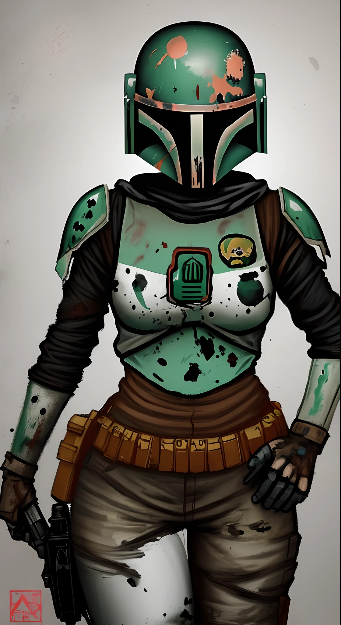 Female Boba Fett wearing a helmet that is painted like a Day of the Dead skull, paint splatters in the background, in the style of Sakimichan