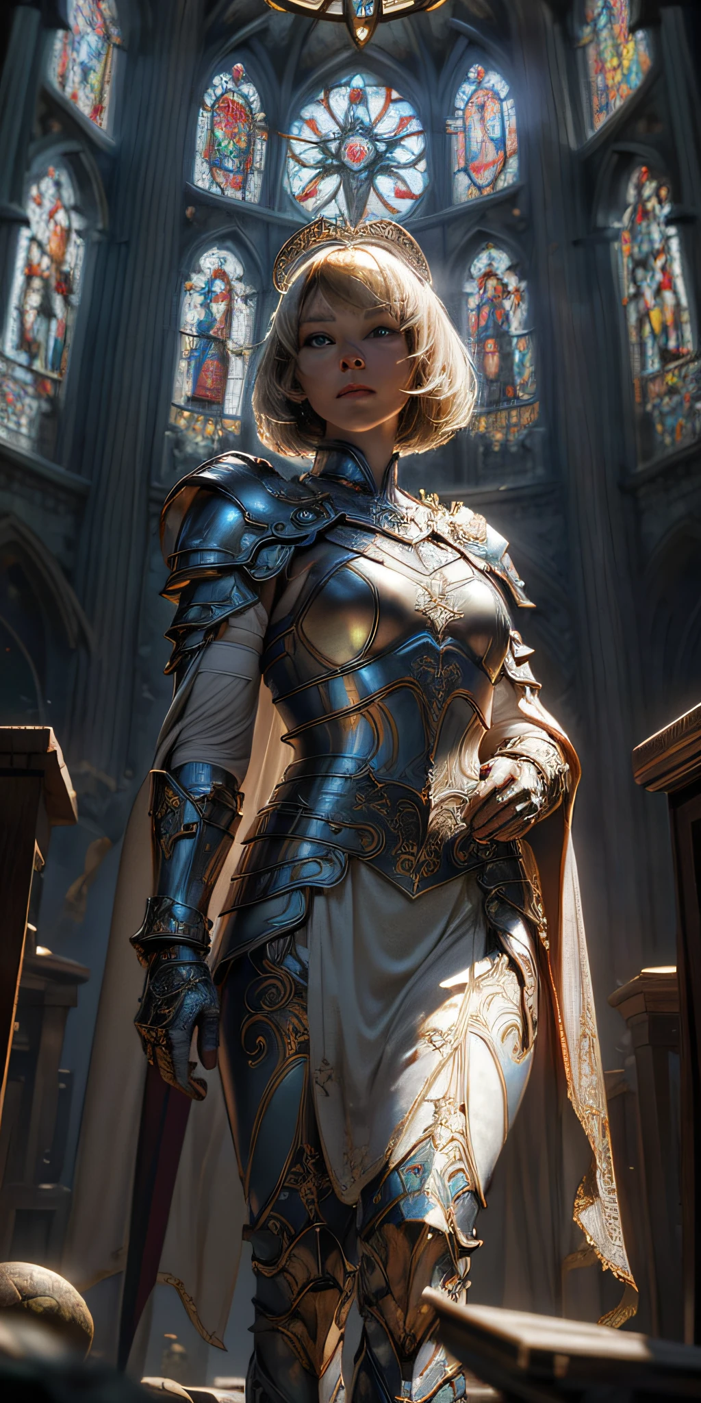 masterpiece, perfectly detailed, Cinematic, hdr, primitive, Intricate, High quality, Gorgeous shades, Intricate details, super-fine,oc rendered low angle, from below, paladin templar lady in white tabard, legwear, dreamy pearlescent eyes, collar, golden chainmail, wide hips, barefoot, angelic halo, (((perfect detailed face, beautiful))), perfect hands, pauldrons, halo, bob cut, blonde, eye focus, red cape, temple indoors, decorations, stained glass windows, god rays, particles, chromatic aberration, detailed, cinematic, dark scene, fantasy