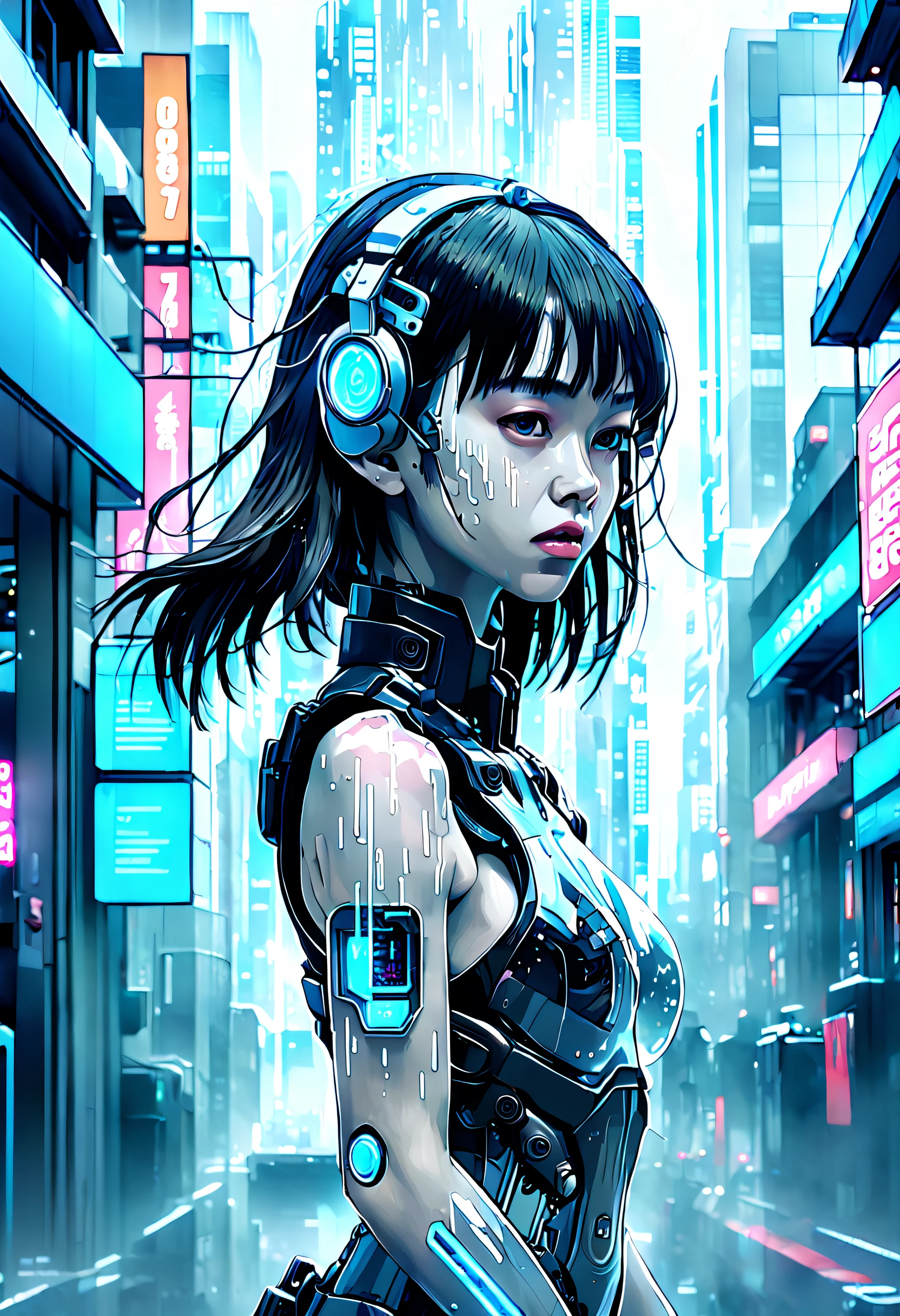 Complex illustrations in surrealist art style，mecha-girl，Futuristic girl，polaroid photograph, filmgrain,  (Cyberpunk:1.3), The new black,(desolving:1.3), (disintegrating:1.3), (disappear:1.3)
Incognito as a virtual hologram person， [European|Korean] Girlfriend says goodbye to the real world, her (Cyan:0.8) The appearance is (Transparent girl:1.3) (fading:1.3) (Numerical solubility:1.3) Into (Code flow:1.3). 
The background is (Numbers Numbers:1.3)