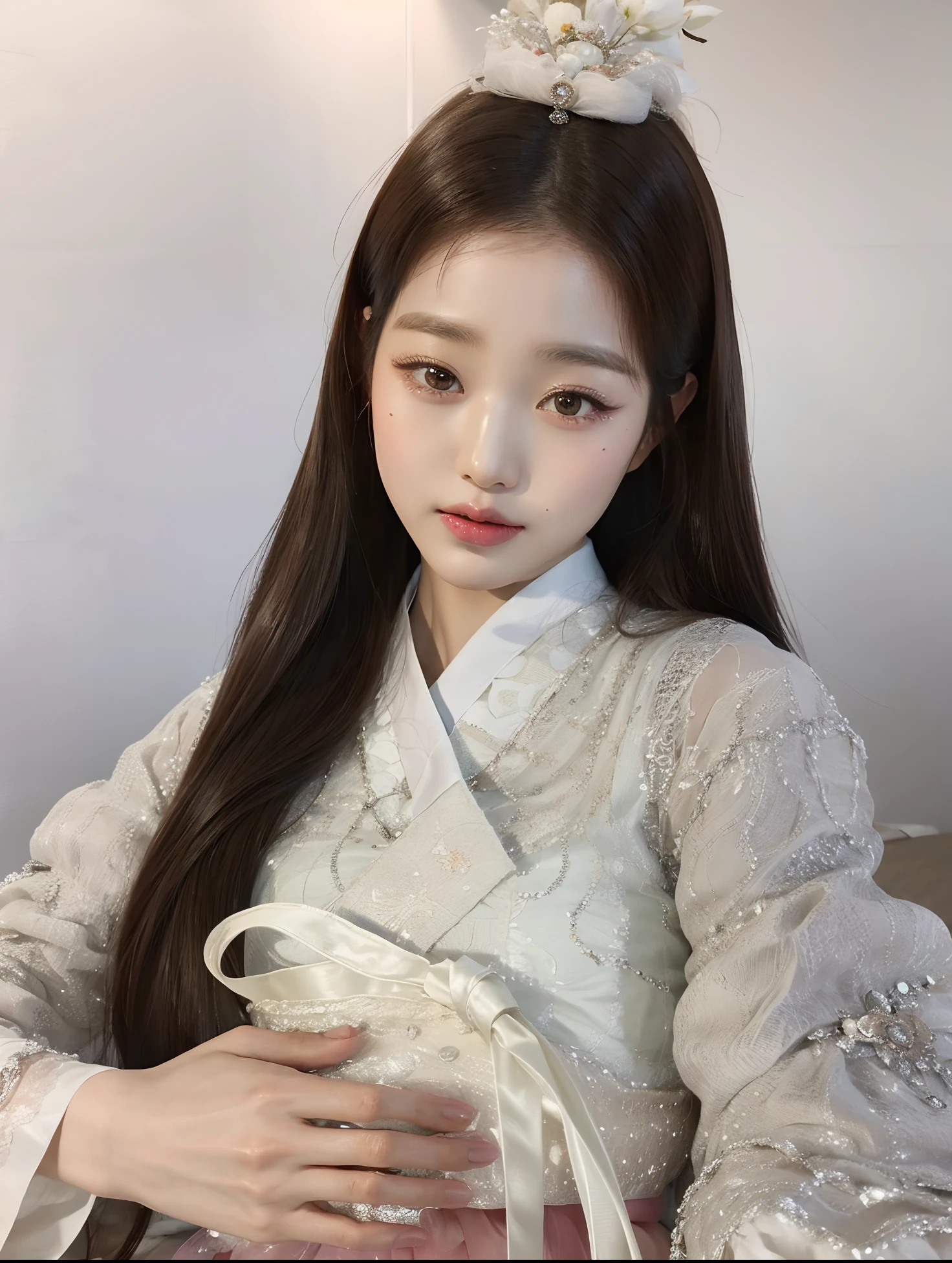 um close up de uma mulher usando um vestido branco e um tiable, Hanfu branco, Mulher sul-coreana bonita, Hanbok coreano, branco hime corte penteado, Hanfu, Hanbok, menina coreana, Mulher coreana, Ulzzang, palace ， Uma menina em Hanfu, mulher coreana jovem bonita, Jaeyeon Nam, dilraba dilmurat