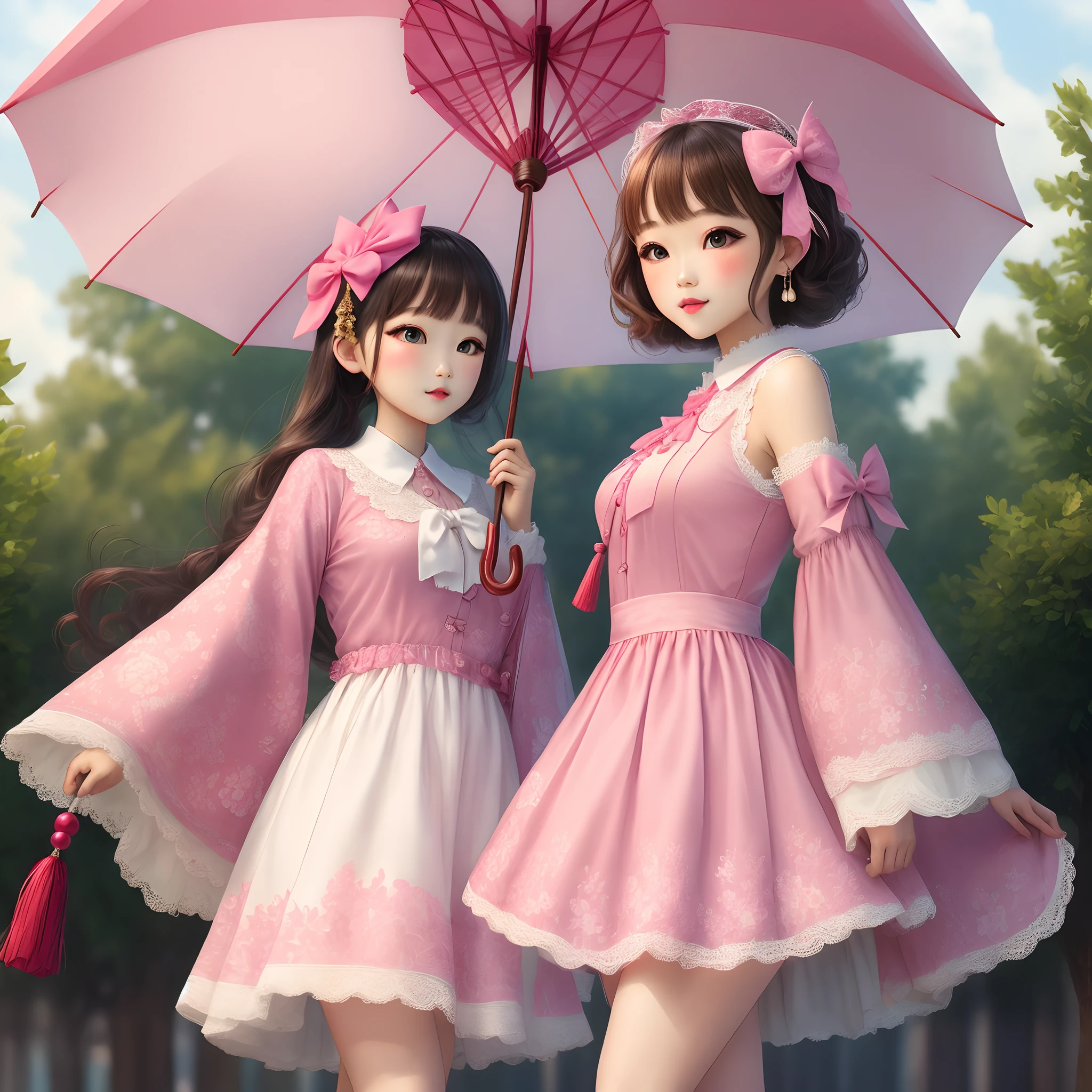 Lace umbrella pink pearl tassel bow