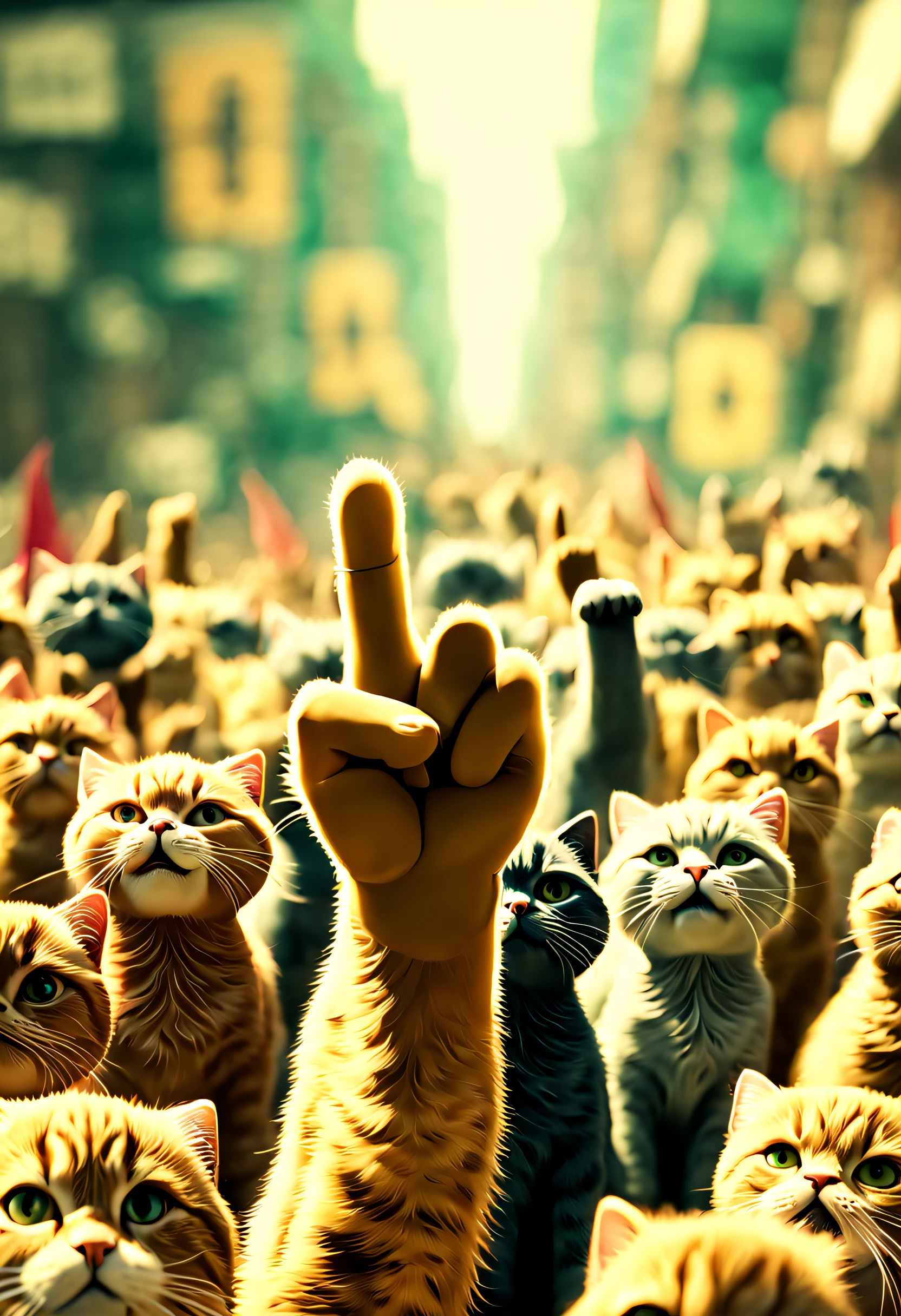 The film is still a radical cat rally, Protest war, Make a peace sign, Handheld logo text:((Yamer)) ,clawed paws , Shallow depth of field, Vignette, Highly detailed, High budget, Bokeh, Cinemascope, Moody, Epic, Gorgeous, filmgrain, ultrasharp