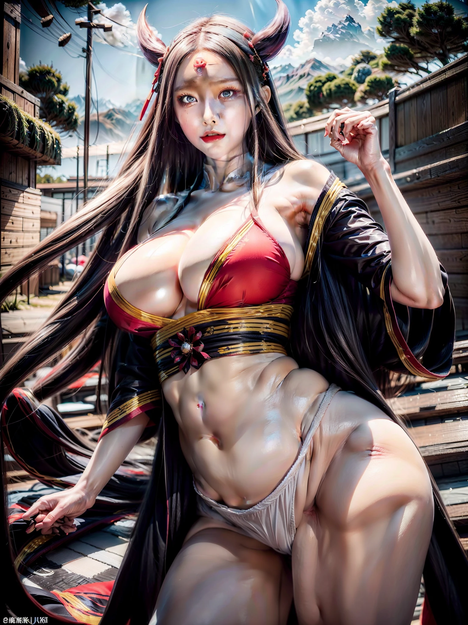 (ultra realistic photo of Nezuko kamado goddess of beauty, bright pink eyes, angry angry expression, 8k, UHD, hottie with ultra giant breasts, huge long breasts sticking out of the kimono, with long black hair and orange tips, sexy Japanese kimono dark pink, she doesn't wear panties showing her tattooed , pubic hair showing), Nezuko with a piece of bamboo stuck up her ass, (Nezuko, Nezuko-chan, Demon Slayer art style, kimetsu no yaiba), Anime character female hentai, (Nezuko, in her demon form, huge breasts, giant long breasts sticking out of her clothes, her breasts sticking out of her kimono, showing beautiful pointy breasts), (the length of her ultra giant breasts goes up to her toned belly, she has leaf tattoos running down her erotic sexy body), Demon Slayer rui fanart, wielding kunai, Marin Kitagawa Fanart, clean and detailed anime art, a very beautiful berserker woman, by Kamagurka, professional art, perfect detail, (Nezuko kamado na her demonic form showing her giant, hairy , based on the Demon Slayer kimetsu no yaiba), nudes,
