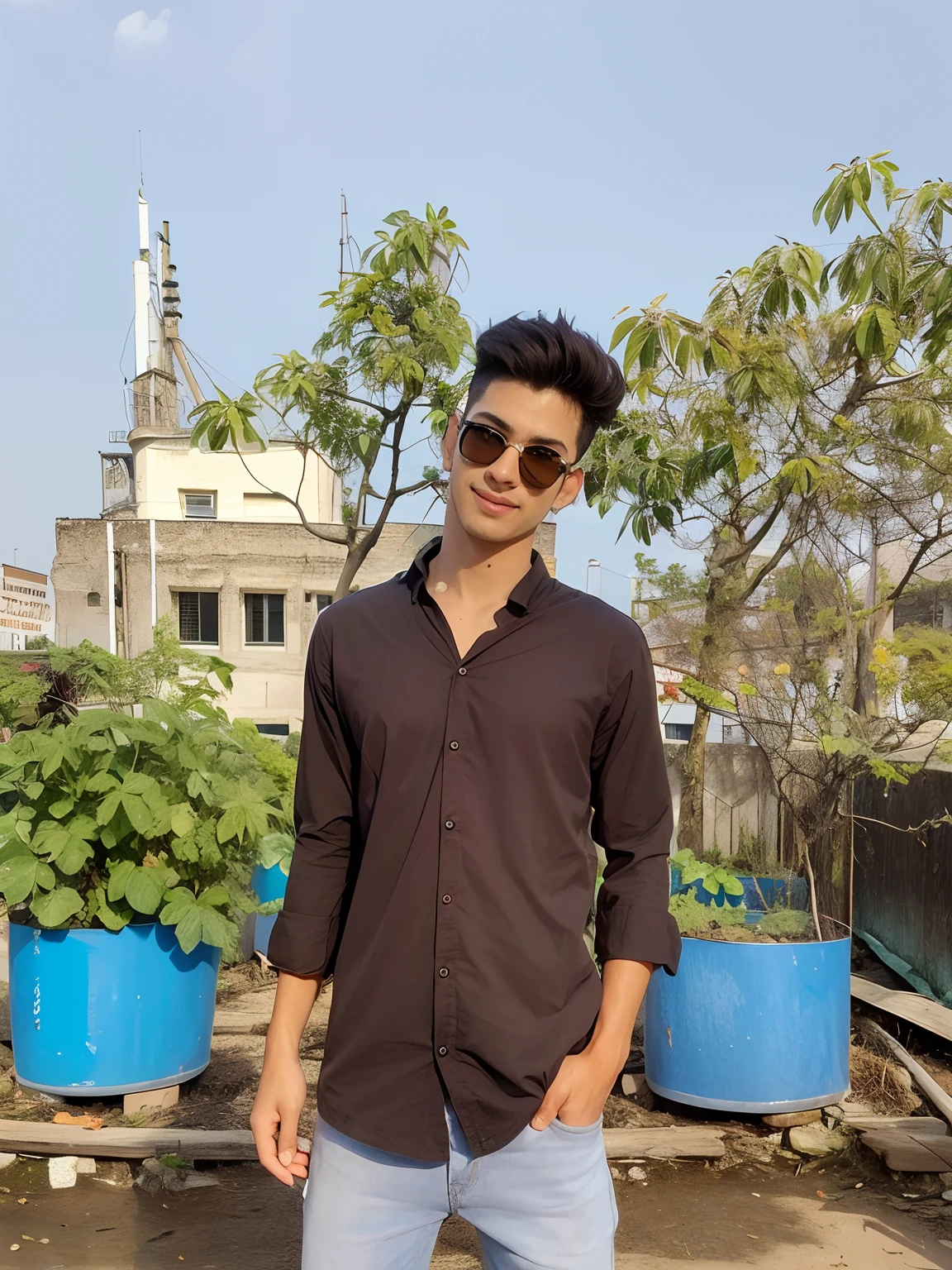 Background change (8k), (best quality), (masterpiece:1.2), (realistic), (photorealistic:1.37), ultra-detailed,1boy,smile,Green plants,beautiful detailed eyes, beautiful detailed nose, full body ( shirt colour change sky colour shirt)