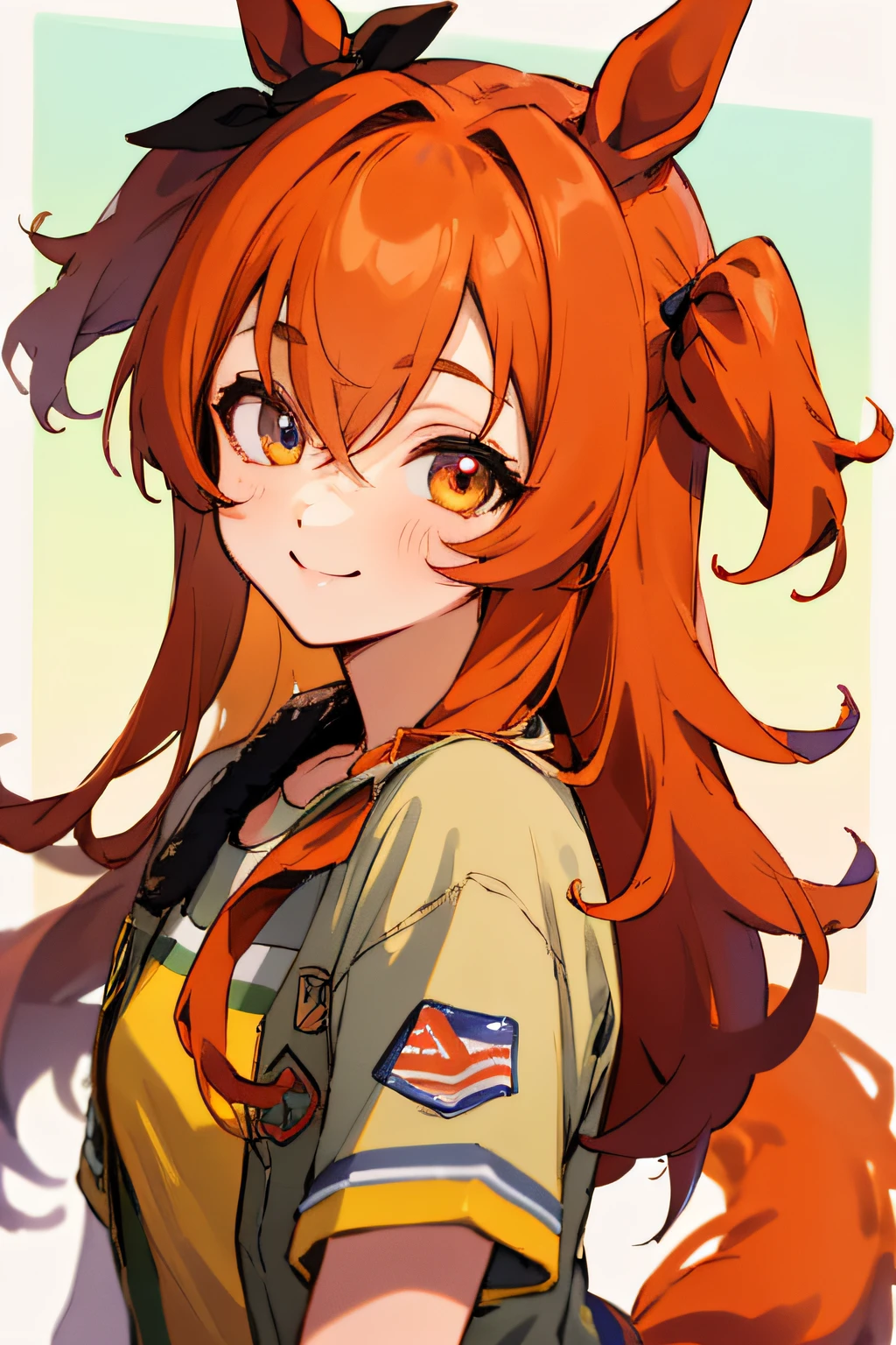 mayano topgun \(umamusume\), ultra-detailed eyes, horse tail, masterpiece, bestquality, upper body, smile