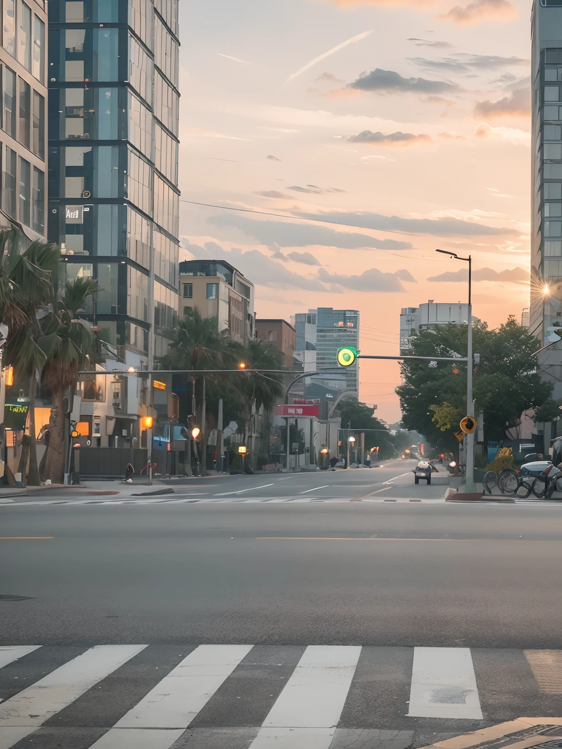 There is a street with crosswalks and traffic lights, empty metropolitan street, empty streetscapes, Empty streets, photograph of the city street, intersection, In the middle of the street, In the middle of the city, wide wide shot, street level view, in a city street, no watermark, a long-shot from front, Empty Street