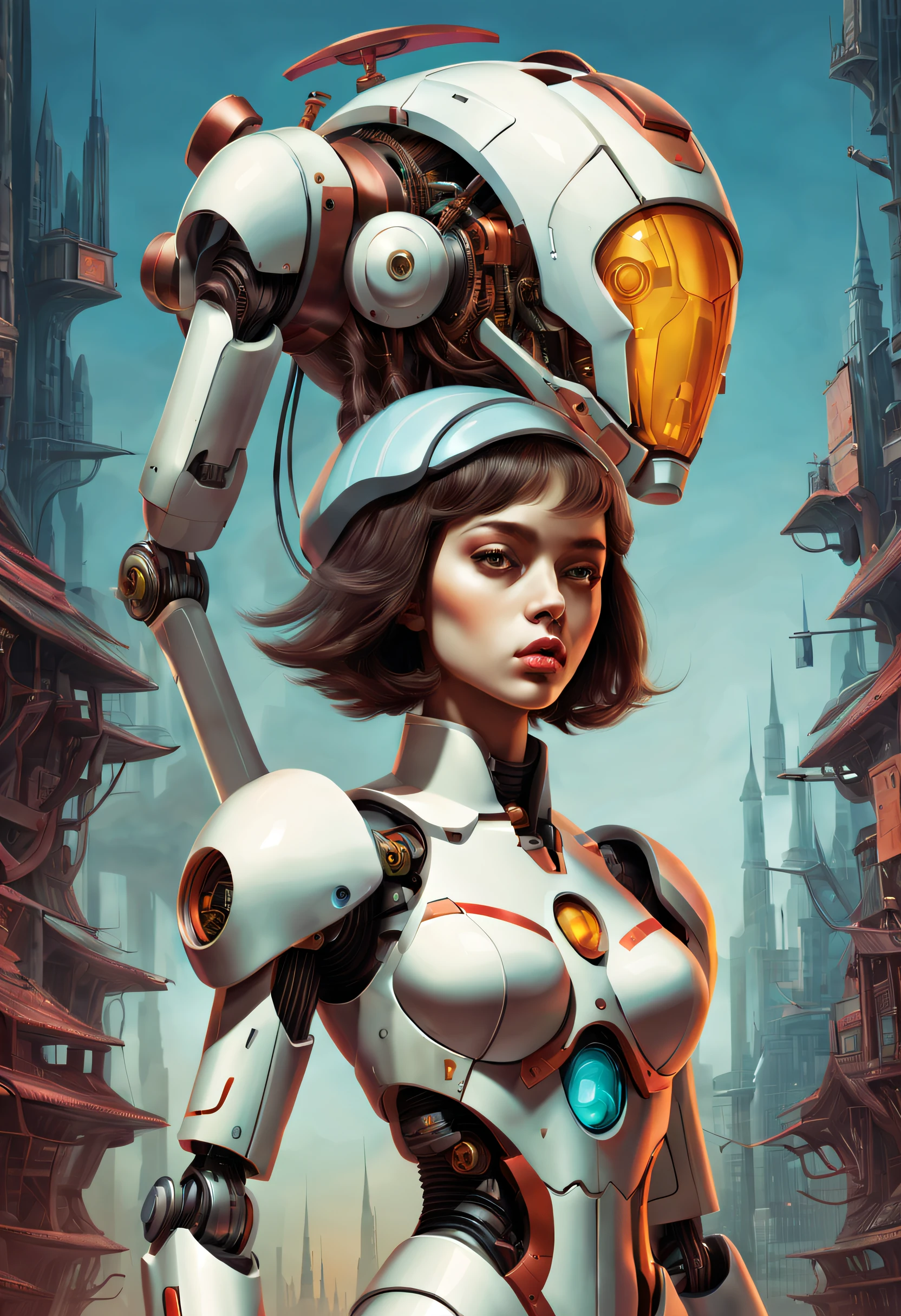 Complex illustrations in surrealist art style，mecha-girl，