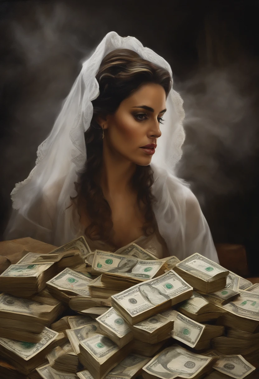 um mulher morena lutando contra o dinheiro, oil painting, pinceladas duras, dramatic lighting, intense expression, Olhos determinados, punhos cerrados, suor escorrendo pelo rosto, terno enrugado, Correntes quebradas, Crumbling dollar bills, Chart of the crumbling stock market, smoke rising in the background, preto e branco com um toque de ouro, realismo. (best quality, Altas, ultra-detalhado), (Realistic:1.37), profissional, vivid colors. Terno