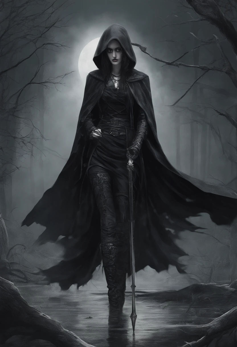Woman, high priestess, tall, thin, skull staff , ((black cloak)), pale skin, full black eyes, gothic, dark, evil, creepy