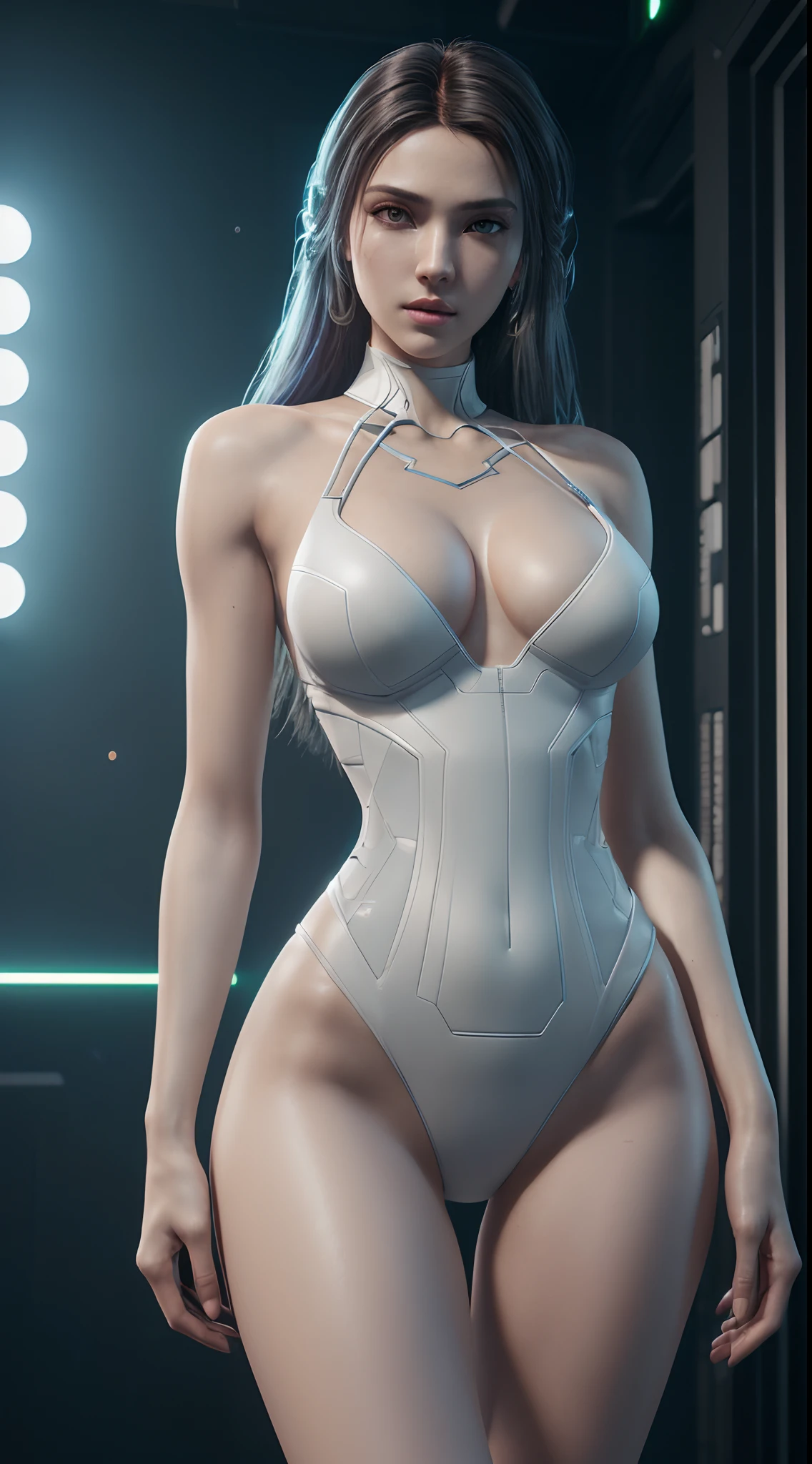 (Best Quality), ((Masterpiece), (Detail: 1.4), 3D, A Beautiful Cyberpunk Woman, HDR (High Dynamic Range), Ray Tracing, NVIDIA RTX, Super-Resolution, Unreal 5, Subsurface Scattering, PBR Textures, Post-Processing, Anisotropic Filtering, Depth of Field, Maximum Sharpness and Clarity, Multi-layer Textures, Albedo and Highlight Maps, Surface Shading, Accurate simulation of light-material interactions, perfect proportions, Octane Render, two-color light, large aperture, low ISO, white balance, rule of thirds, 8K RAW, exposed side breasts, fair slender long legs