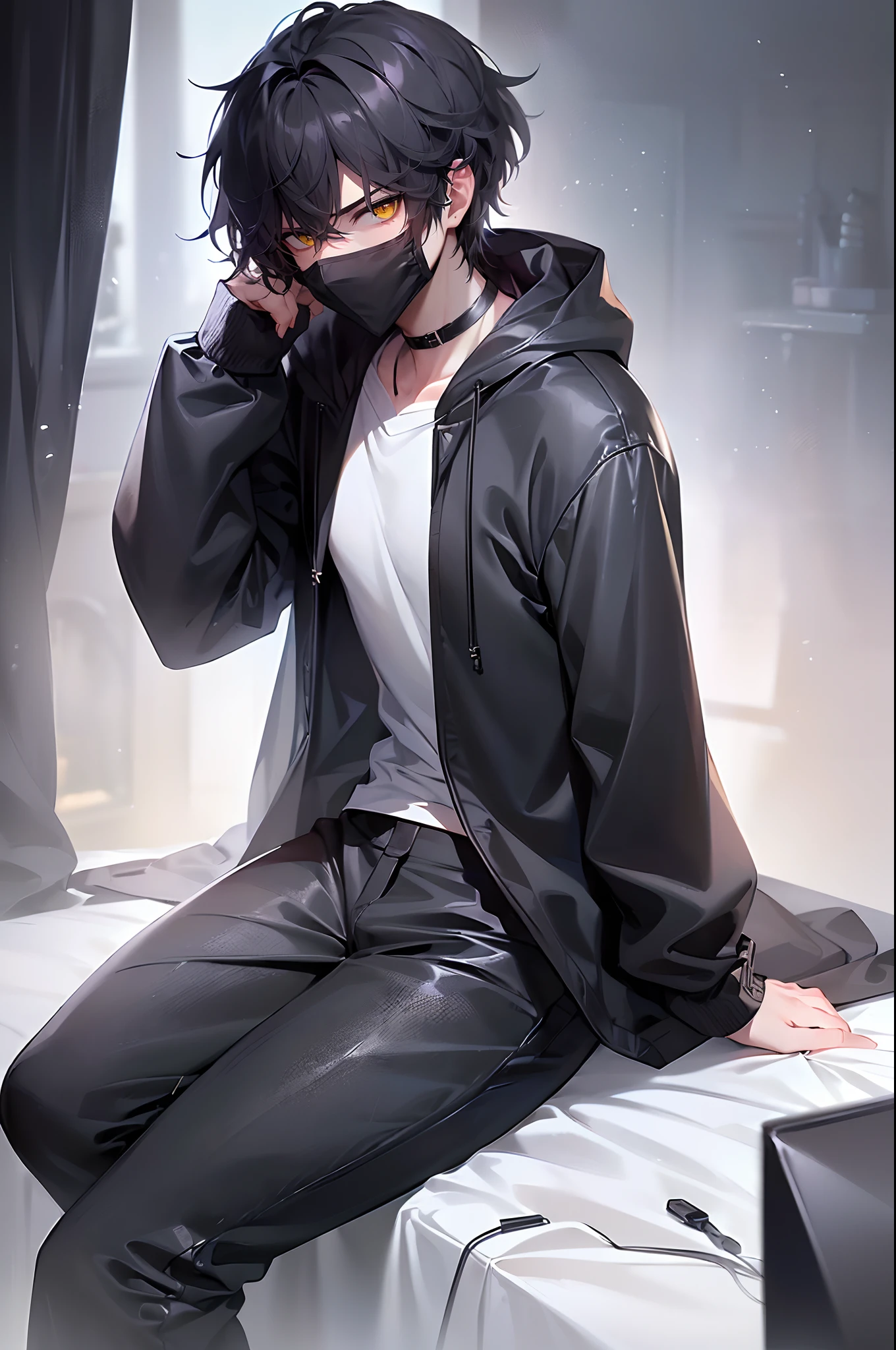 (4K works))、masterpiece、(top-quality)、((Black bedroom in the middle of the night))、mid night、In the black bedroom at midnight、((Window with a view of the starry sky))、((I can see the dark sky from the window))、((dark ilumination))、Korean Male、Adult male、((Adult male 26 years old))、((Face similar to Hyun Jin))、Cool Men、tall、((Irritated face))、((Strong eyes))、((Wearing a white T-shirt and a black hooded jacket、Wearing long black pants))、((Wear a black mask))、((smaller face))、Slim body、((hooligan))、((Black short-haired))、((Yellow eyes))、((shot from a side angle))、((Shot alone))、((Solo Photography))、((He is in PC gaming))、((He is sitting in front of the PC))、((In front of him is a PC))