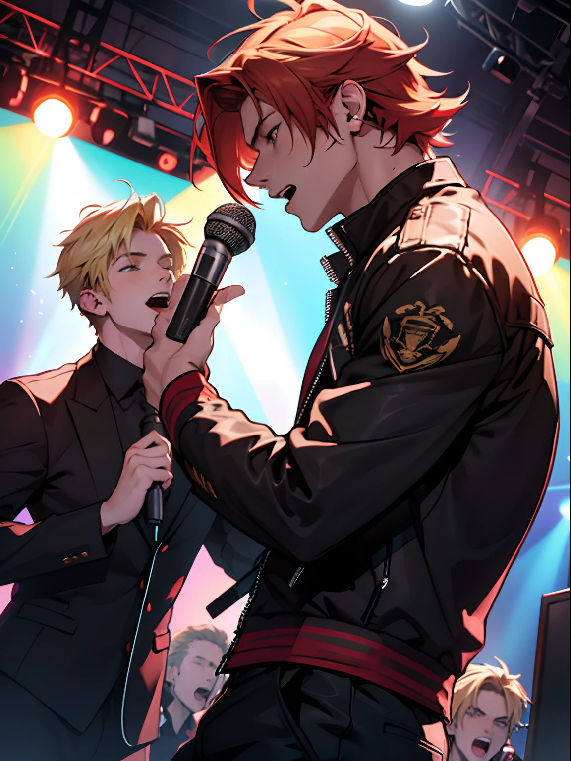 (Detailed characters,Hair:blond,Hair:Red),(Cool Clothes:1.1),(Singing into the microphone:1.1),The big picture,bright colours,soft-lighting,ultrafine ,Concept Artists,Portrait,the anime,Horror,landscape,HDR,UHD,studio lightning,physical based rendering,extreme detail description,Professional,bokeh,hight resolution,Masterpiece:1.2 guys sing into one microphone. The guy has red hair. Guy blonde.  . Microphone on the stand. Two guys standing near one microphone and singing. Two Guy Singers. The guy has red hair. And the guy is blond. Short hair. Cheerful faces. Funny guys. Two guys singing on stage. red and blonde hair. Drunk Guys. Disheveled Guys