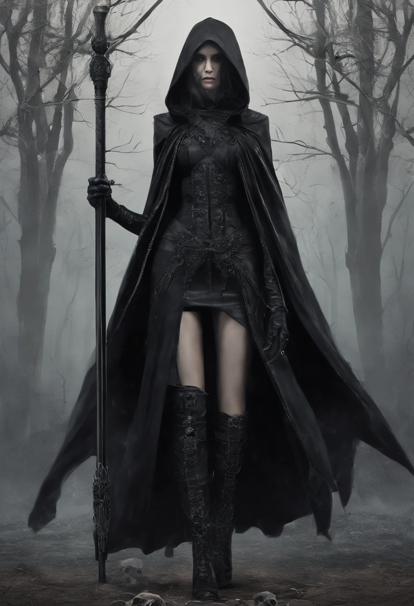 Woman, high priestess, tall, thin, skull staff , ((black cloak)), pale skin, full black eyes, gothic, dark, evil, creepy, full body cover