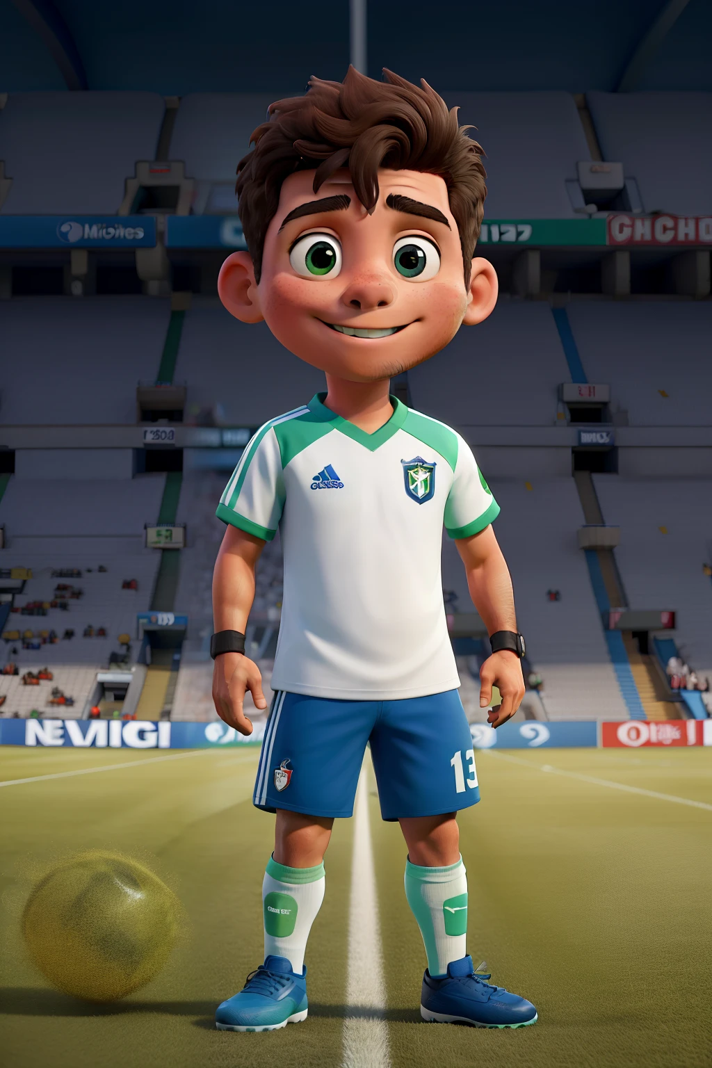 Soccer player named Nenê missing a penalty kick, com defesa do goleiro no canto direito, Goalkeeper's uniform is White and blue, Baby's player uniform is green and white in vertical stripes