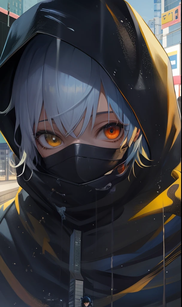 Meses, best quality, Mais detalhes, mastery, 1st grade, kaneki ken, retrato, "SASUKE COM AS GOGOUDAMAS" PODER EM VOLTA DE FOGO ESTILO PODER DO GATO FOTO E AGUA olhos vermelhos, sozinho, franja, Olhando para o Viewer, Hood, short hair, chuva, tokyo tokyo \(cidade\), Hijabi,Esmalte para unhas,cabelo whaite,luxo,8k,O detalhe,Traching de raias,profundidade de campos,cinemac lighting,