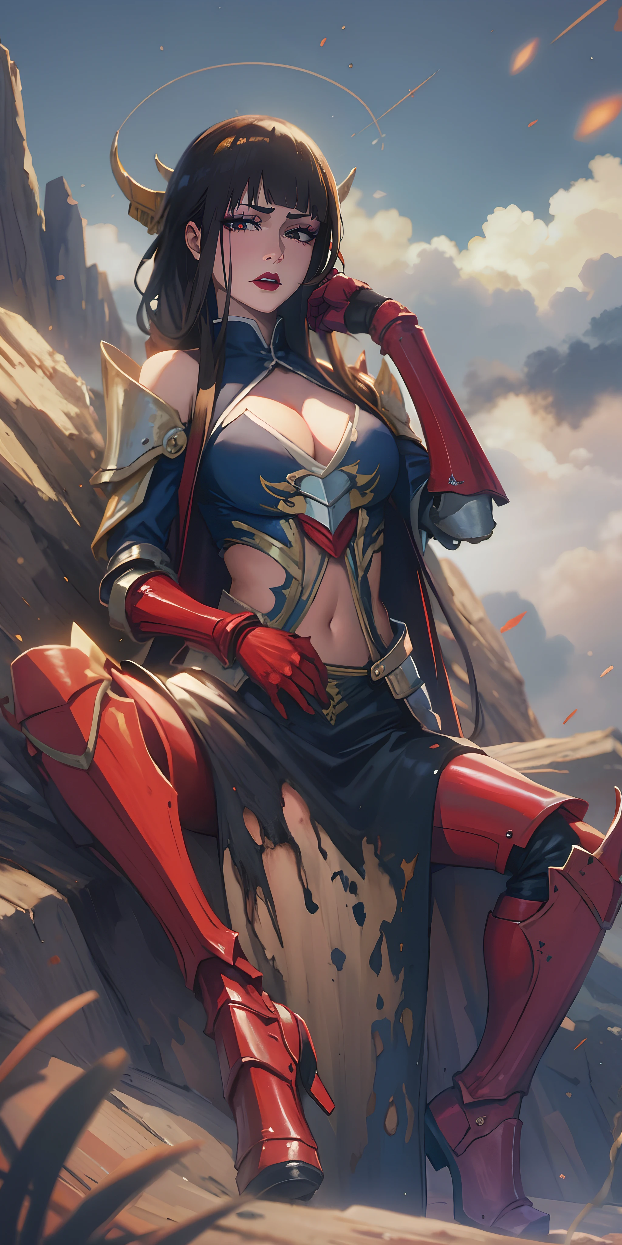 senjumaru shutara, (long hair, bangs, blunt bangs, black hair, sidelocks:1.5), (black eyes:1.5), makeup, lipstick, red lipstick, sweating, glowing eyes, heavy breathing, female focus, huge breasts, breast press, torn, armored dress, red armored, covered navel, body stocking under armor, hand behind head, 1girl,  breasts, navel, solo, torn_clothes, armor, cloud, sky, sitting, outdoors, cleavage, lips, looking_at_viewer, gloves, shoulder_armor, cloudy_sky, gauntlets, armored_boots, large_breasts, parted_lips, greaves, jewelry, pauldrons, red_footwear, boots, day, red_gloves, rock "glow effects, godrays, Hand drawn, render, 8k, octane render, cinema 4d, blender, dark, atmospheric 4k ultra detailed, cinematic, Sharp focus, big depth of field, Masterpiece, colors, 3d octane render, 4k, concept art, trending on artstation, hyperrealistic, Vivid colors, extremely detailed CG unity 8k wallpaper, trending on CGSociety, Intricate, High Detail, dramatic", anime coloring, anime screencap, sweating, steaming body, fog