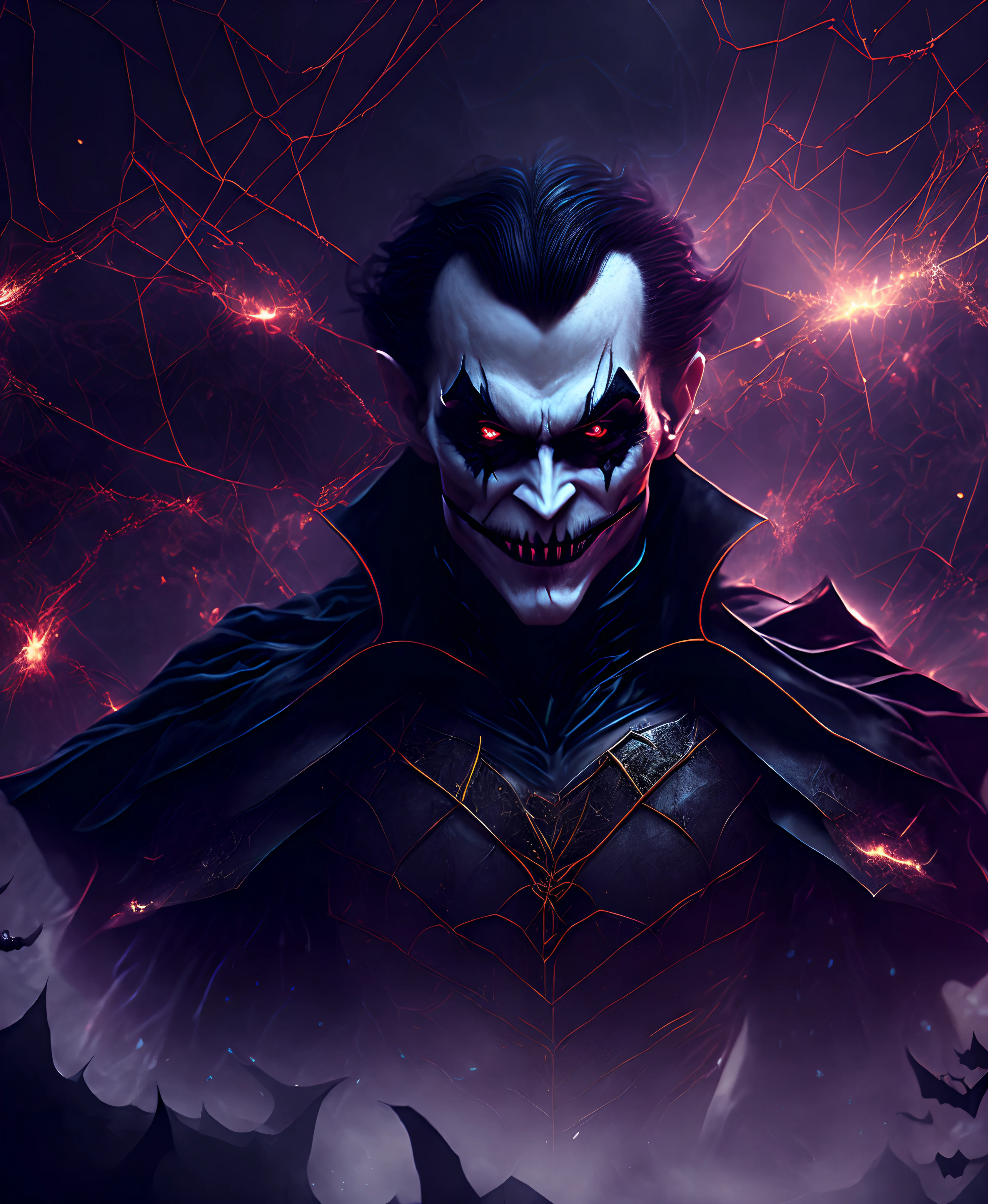 Close-up (Halloween theme Dracula mixed with The jokerfrom DC in Goth style: 1.3) emerging from the the  thick spider web fields, extremely detailed, smoke, sparks, metal shavings, flying debris, volumetric light