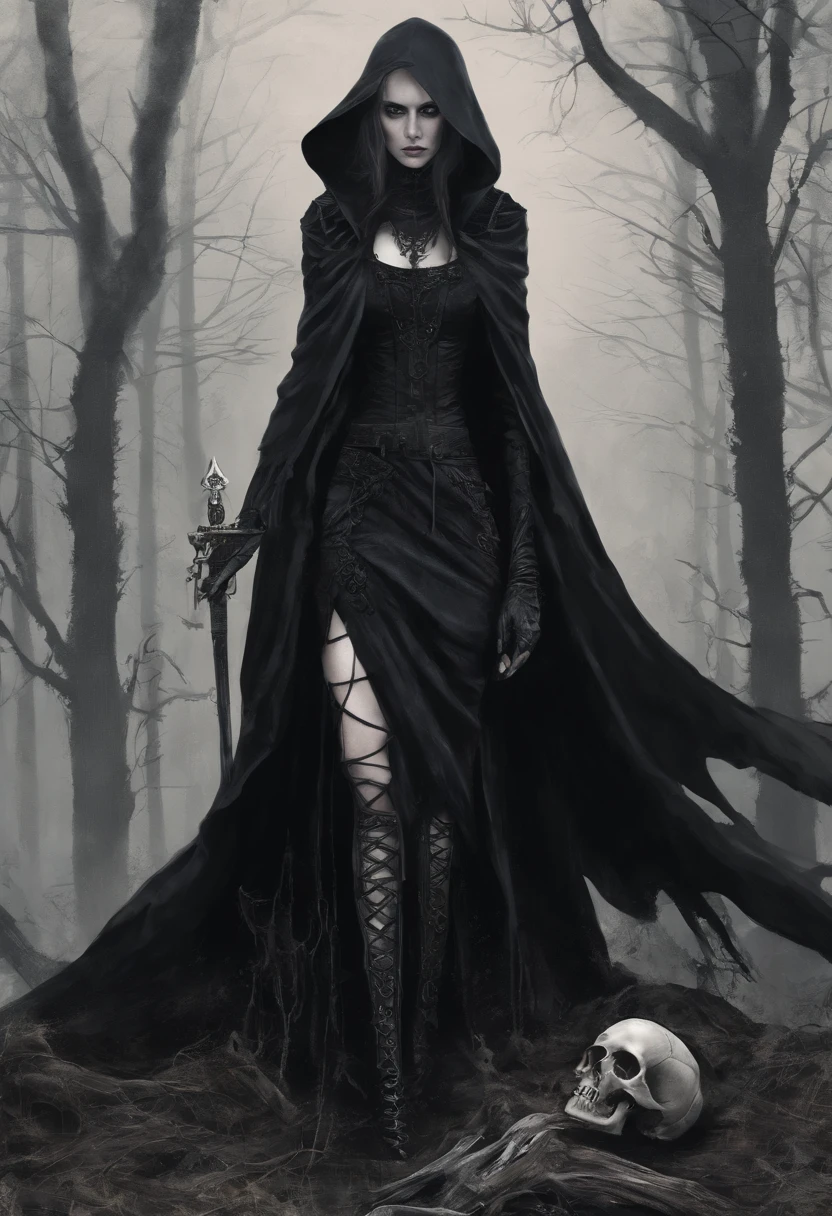 best quality, masterpiece, ultra detailed, a dark witch wearing robes, walking in the woods, black and white drawing, dark fantasy, medieval, <lora:Dark_Novel:0.8>