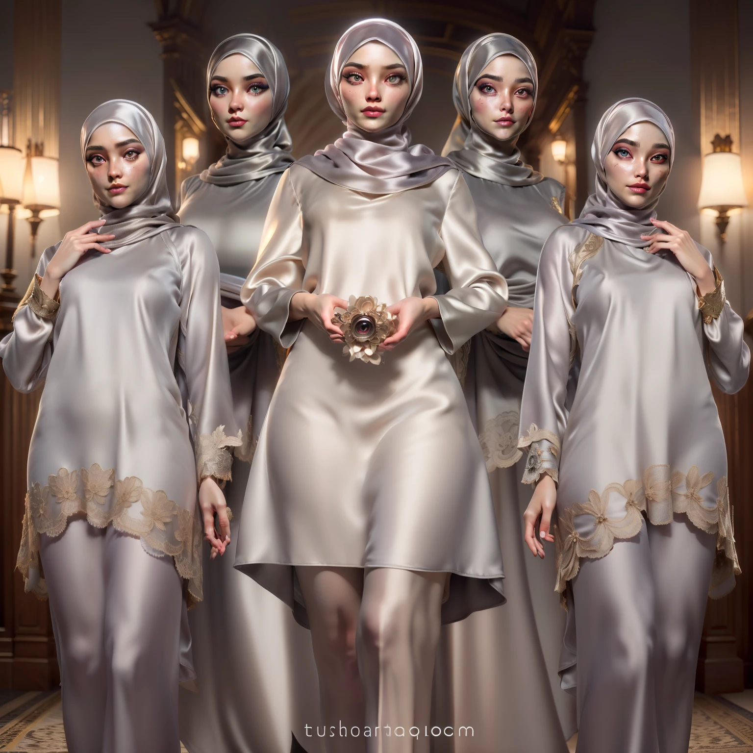 3DMM, ((Masterpiece, best quality, photography, detailed skin, realistic, photo-realistic, 8k, highly detailed, full length frame, High detail RAW color art, diffused soft lighting, shallow depth of field, sharp focus, hyperrealism, cinematic lighting, hijab, a woman in a beautifully makeup, eyeshadow, beautiful big eyes, long eye lashes, wearing (Gray satin hijab), loosely tide hijab style, ((Taupe satin kaftan)),