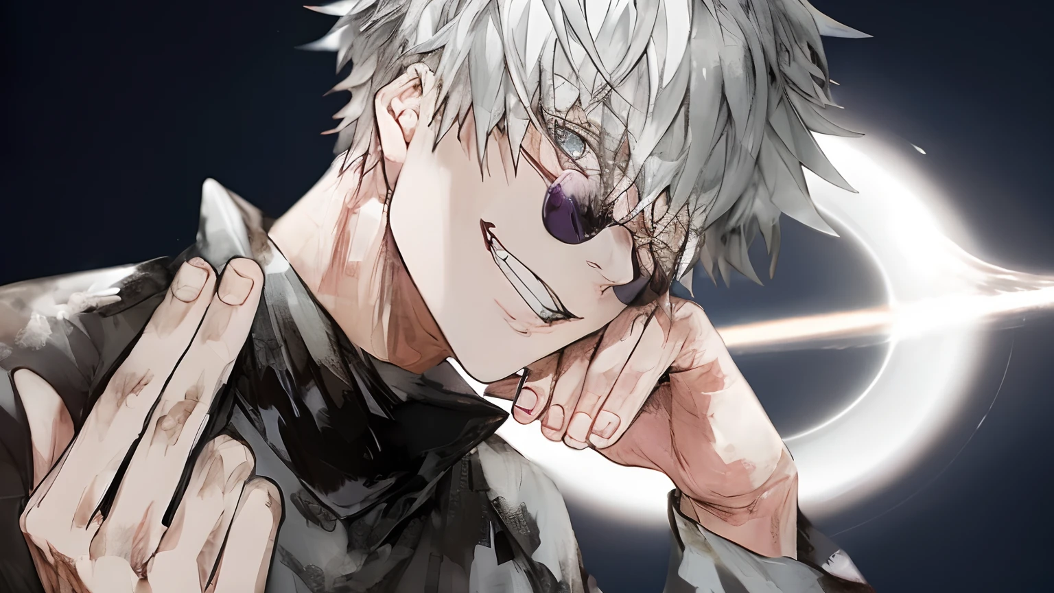 anime guy with white hair and sunglasses holding his hand to his face, ken kaneki, kaneki ken, a silver haired mad, killua zoldyck portrait, best anime 4k konachan wallpaper, killua zoldyck black hair, tokyo ghoul, yoko taro, killua zoldyck, jujutsu kaisen,8k highly defined realistic anime version, highly defined realistic anime version, blue eyes, black outfit, colourful lightening background