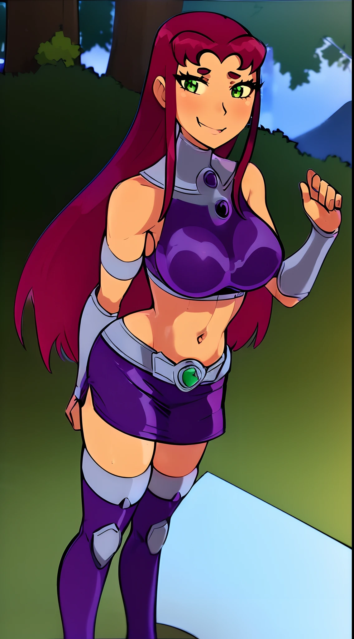 1girl,lips,blackfire,(silver gorget,jewel:1.4),green eyes,(red hair),long hair, bare shoulders,(purple crop top,purple skirt),vambraces,parted bangs, smiling,blushing,mhuge breast breasts:1.5),outdoors,cosmos,science fiction, standing, full body, boots,