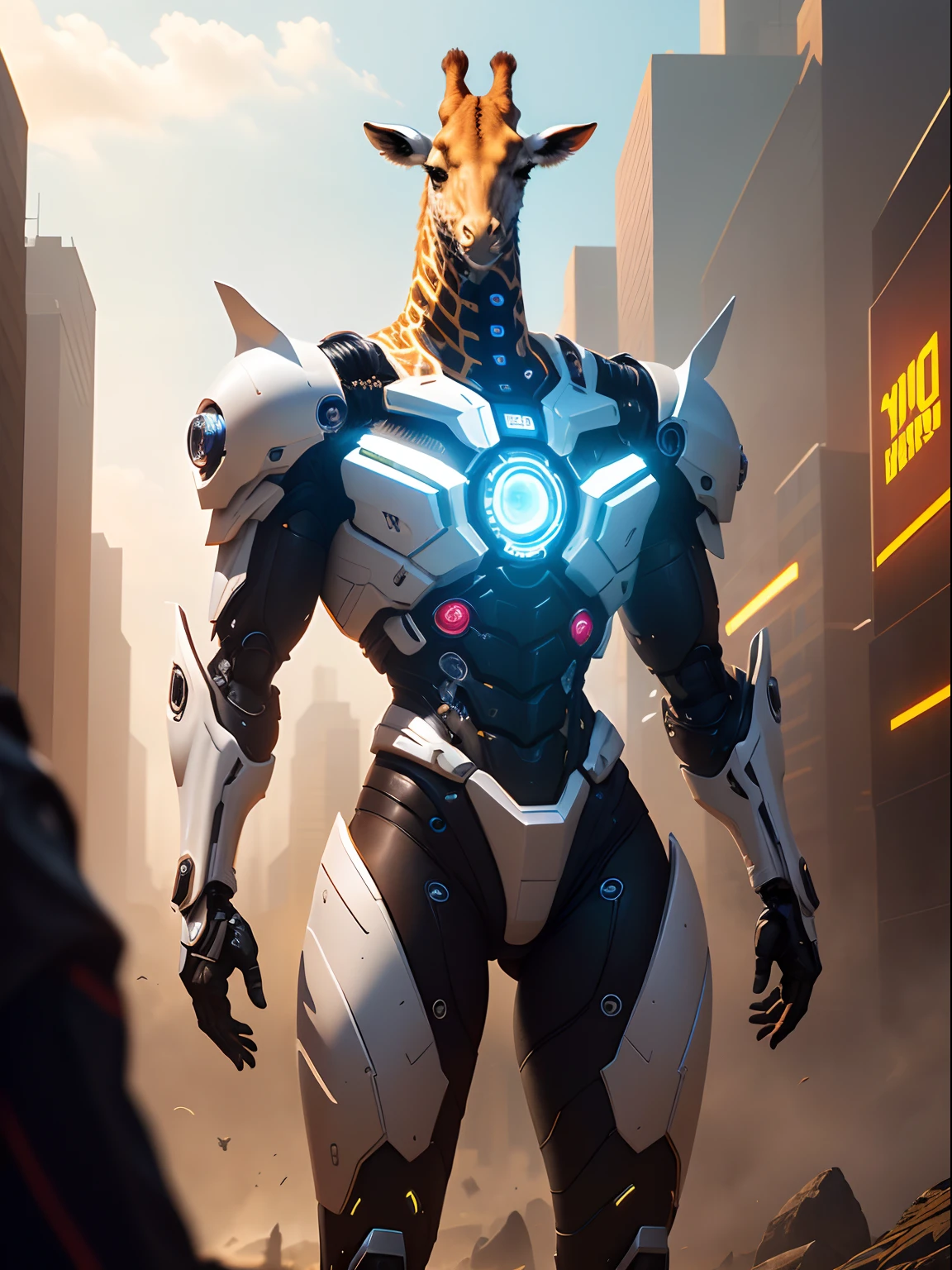 Dark_Fantasy,Cyberpunk, (Best Quality, Masterpiece),White,1Person,Mechanical Miracle,Robotic giraffe Presence,Cybernetic Guardian,Wearing a Cybernetic Jacket, Futuristic from Marvel, (Cyborg), giraffe, City, Highest Quality Digital Art, Stunning Art, 4k Wallpapers, High Detailed, Warzone, Black & White, Highest Quality Digital Art, Stunning Art, 4k,8k,64k, HD Wallpapers, Unbeatable Masterpiece, dynamic lighting, cinematic, epic, damaged mechanical parts