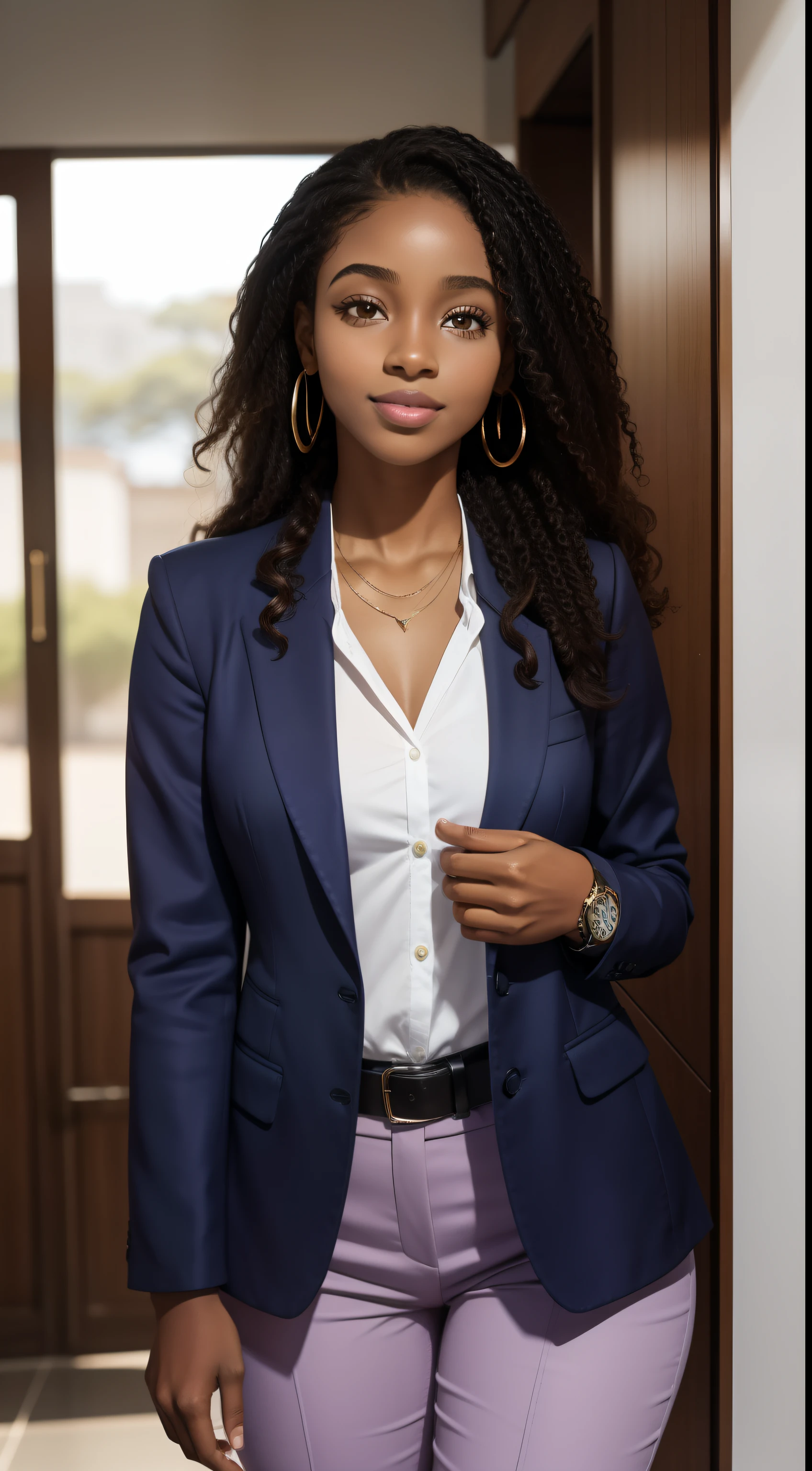 uma jovem africana, pele morena, pele escura,Front view, usando joias, segurando joias, usando colar, Using the watch, olhos castanhos sorriso no rosto belo olhar, cabelo escuro, cabelo cacheado, wavy hair brunette brown a lilac light lilac blazer, blazer mais fechado, sem decote, seios pequeno, peito pequeno, body image standing , Hands facing forward, a conversation with someone, entrepreneur, profissional, viver, dono de joalheria, 25 years looking directed at high quality 4K camera;