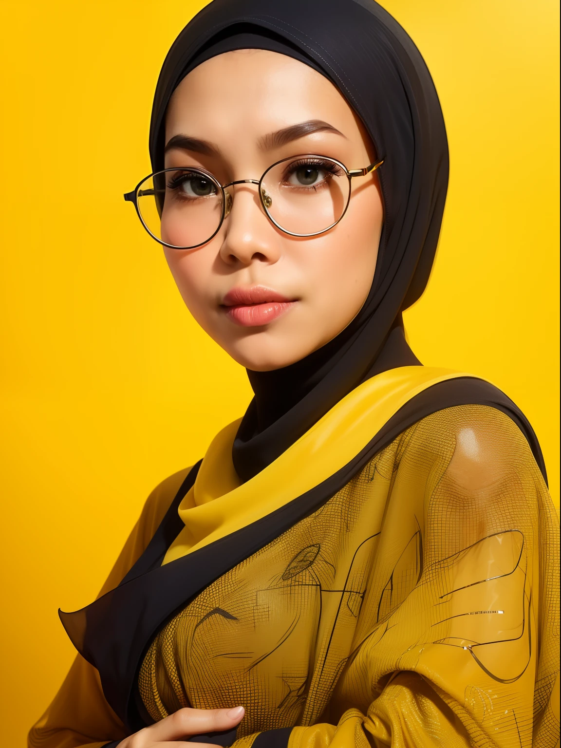 Malay woman in a dark green bra and panties in front of a yellow background, glasses, headshot profile picture, hijab, mira filzah, full portrait, on a yellow canva, portrait, portrait shot, photo of young malay woman, photo of a woman, potrait, full shot portrait, in yellow background