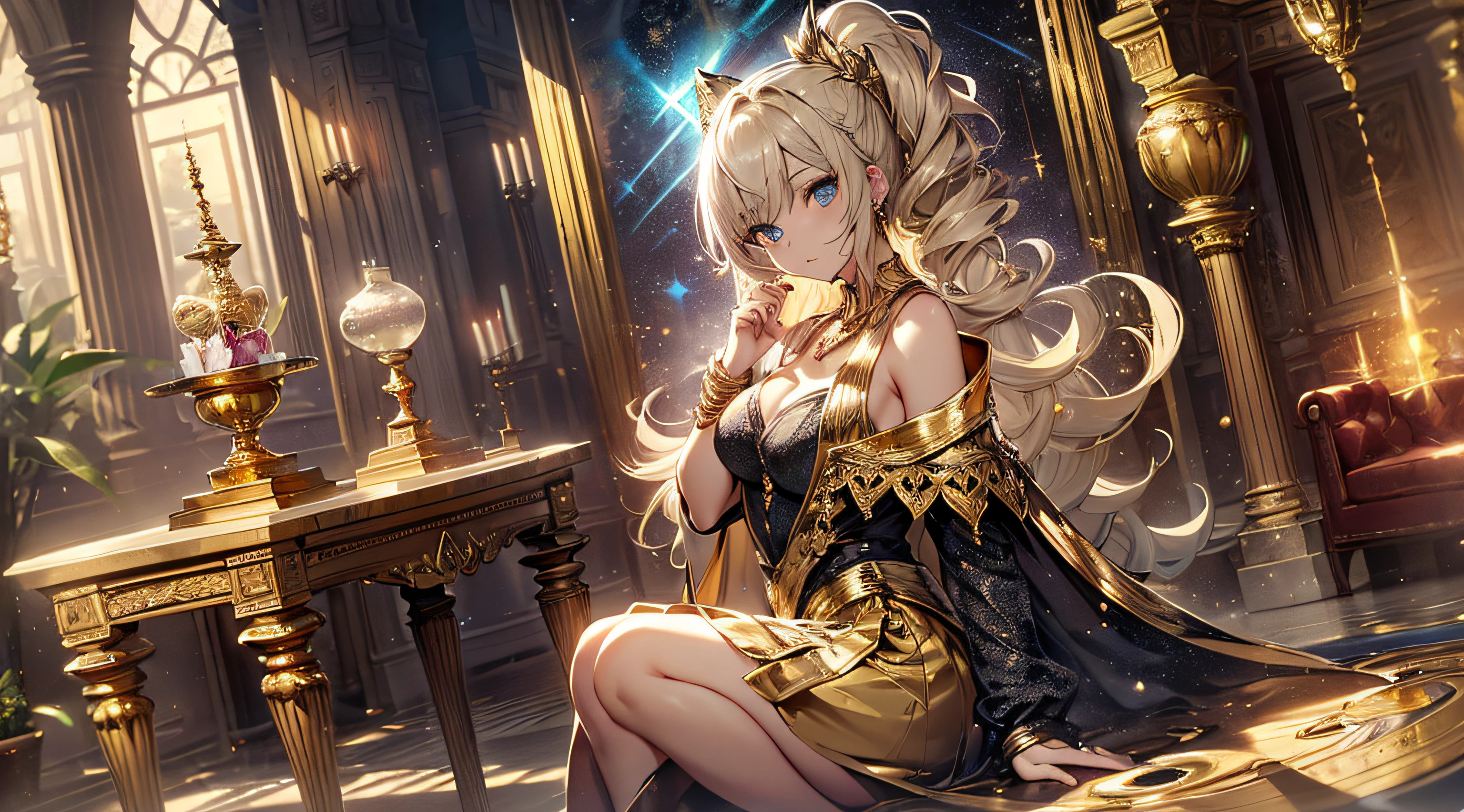 top-quality、Top image quality、masterpiece、girl with((18year old、Gold underwear,Best Bust、Medium bust、Bust 85,Beautiful blue eyes、Breasts wide open,Sexy Gold Dress、Gold Miniskirt、Gold Earrings、Gold necklace、Gold Ring、Shining golden ponytail、Gold Shoes、Point the finger at the viewer、Slouched)hiquality、Beautiful Art、Background with(Shining meteors,kosmos、Gold Room、Gold Table、Gold Chair、Monitors、Gold Room、Gold Bookshelf、Golden Falls、phoenix)),masutepiece、Elaborate design、visualart、depth of fields、The best lighting、highestdetailed、Front Angle