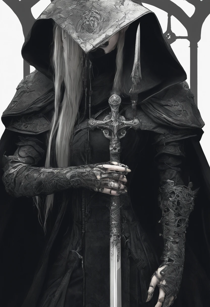 Woman, high priestess, tall, thin, skull staff , ((black cloak)), pale skin, full black eyes, gothic, dark, evil, creepy, (dark fantasy), dnd character