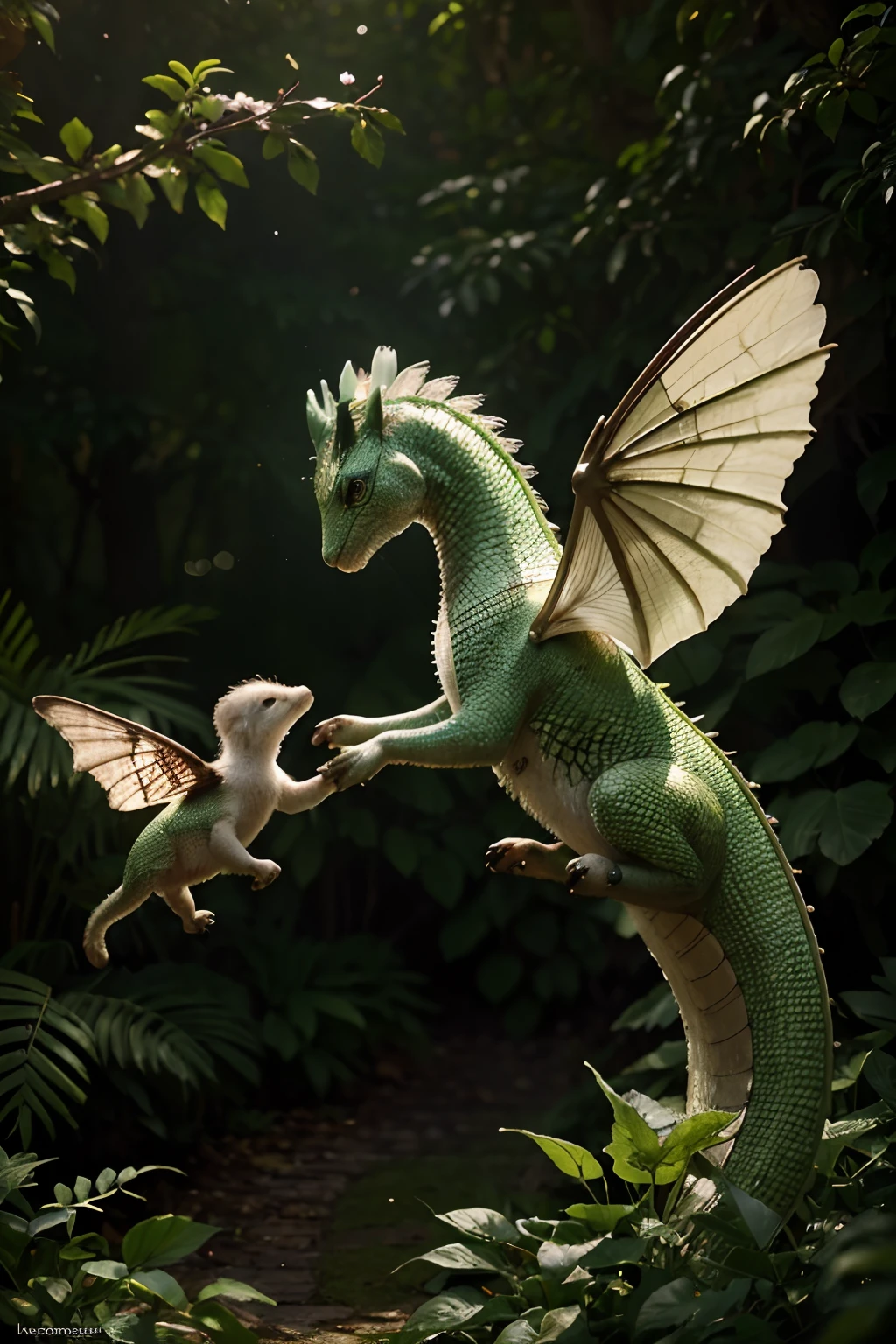 "A small green dragon playing in the forest with other small animals,illustrated,highres,ultra-detailed,realistic:1.37, vibrant colors,soft lighting,bokeh,delicate textures,whimsical atmosphere, magical creatures, enchanted forest,peaceful setting,playful expressions,on a sunny day,curious eyes,playful interactions,fantasy scenery,forest flora and fauna,cute creatures,beautifully rendered scales and wings,natural surroundings,harmonious composition,interactive scene,joyful atmosphere,gentle gestures,harmony between animals,nurturing environment,blending with nature,imaginative play,adorable charm,magical adventures,wonder and awe,natural lighting,delicate features,life-like movement"