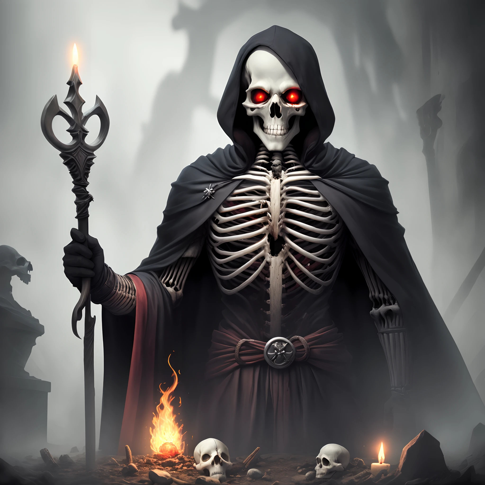 (((Tarot cards scattered in the air))),Divination,Skeleton in black cloak,It sits on the table,Glowing crystal ball,Smoke all around。
Very detailed image of the skull.,From the outline of the skeleton to the texture of the cape, Everything is clearly visible。。Smoky,Makes the whole picture more hazy and mysterious。
Dark Tones,Highlight the mysterious and weird atmosphere。The flame and candlelight become the focus of the picture,Contrast with other Dark Tones。This contrast makes the picture more layered..,at the same time, Visual effects have also been enhanced。
Mysterious and weird feeling。The image of the skull and the surrounding atmosphere are full of unknown and mysterious feelings..,