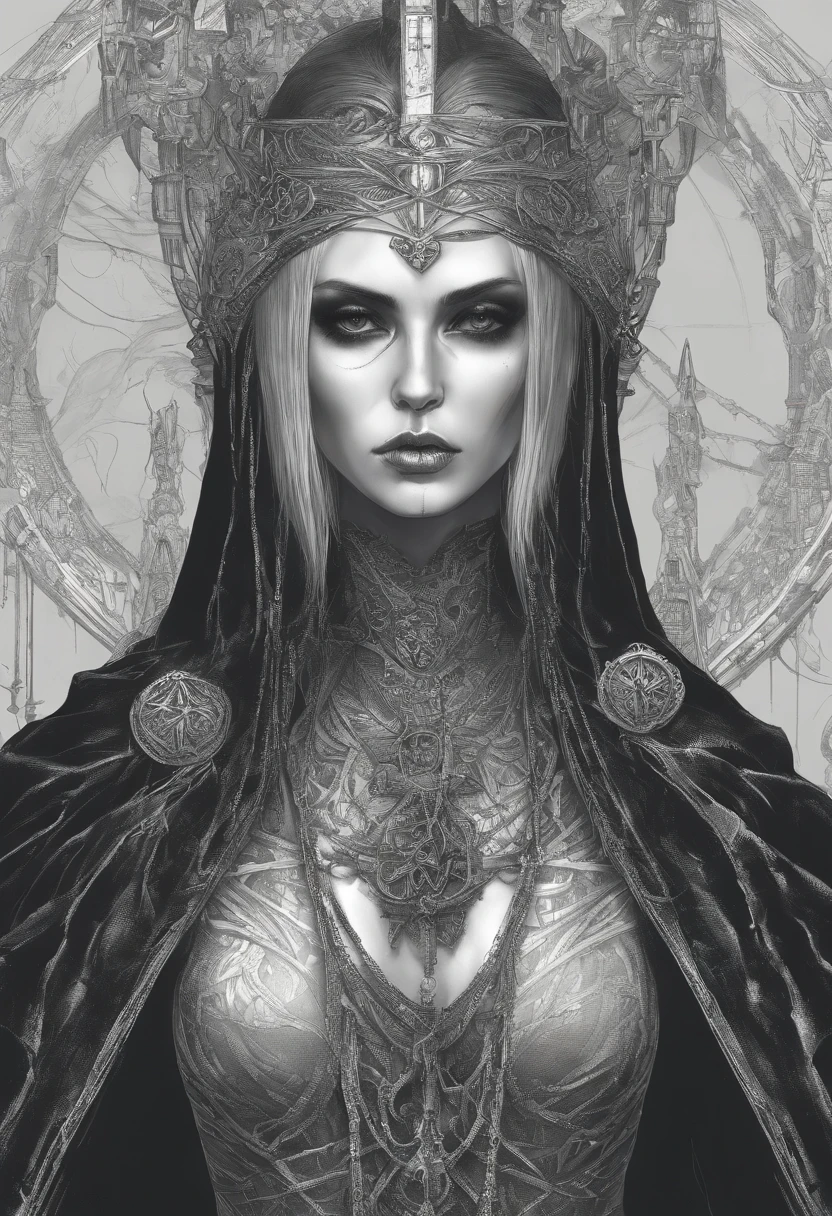 Woman, high priestess sorcerer, tall, thin, skull staff , ((black cloak)), pale skin, full black eyes, gothic, dark, evil, creepy, (dark fantasy), dnd character