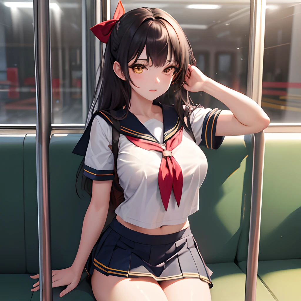 masterpiece, best quality, extremely detailed cg unity 8k wallpaper, high-quality, ultra-detailed, depth of field,beautiful detailed skin, beautiful detailed body,beautiful detailed eyes,sparkling eyes,drooping eyes,beautiful detailed face,cute face,1 mature women,dark hair,yellow eyes,(sailor uniform,(white short sleeve shirt,navy blue collar,(red chest ribbon:0.9),mini skirt)),large breasts,on the train,