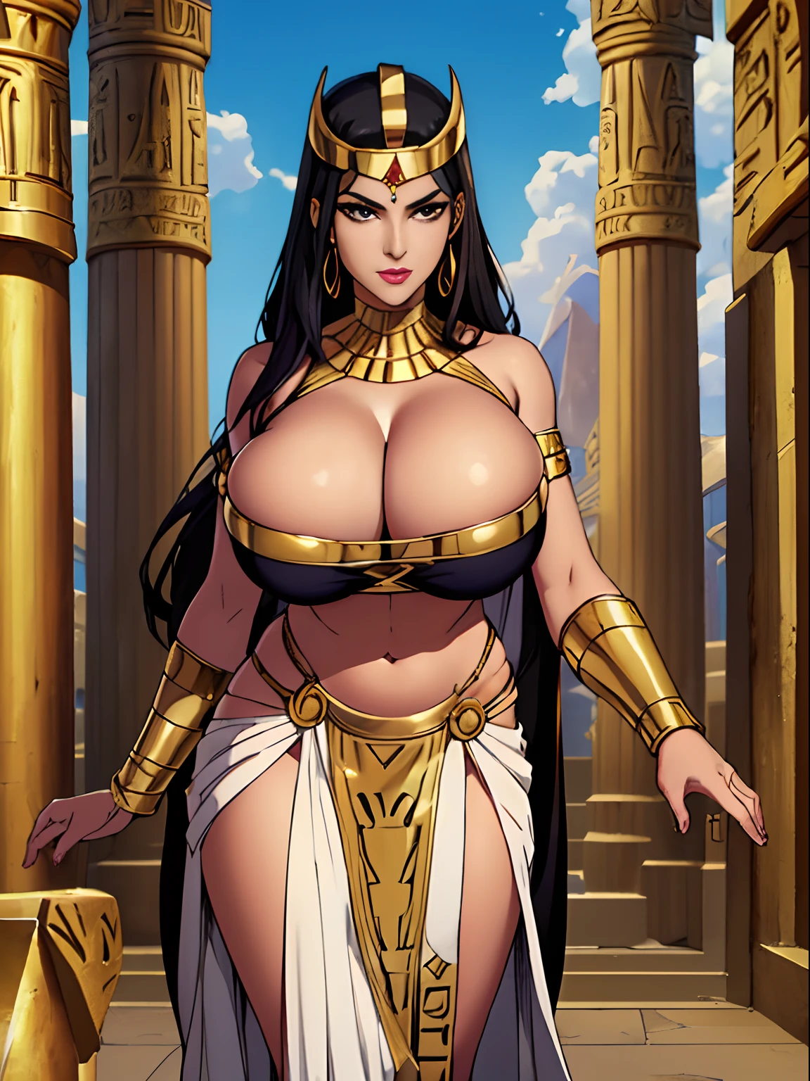 (masterpiece, top quality, best quality, official art, beautiful and aesthetic:1.2), (1girl:1.3), Egyptian statue, black skin, obsidian skin, extremely detailed, portrait, looking at viewer, solo, (full body:0.6), detailed background, close up, mischievous eyes, (hot summer Egypt theme:1.1), Egyptian magical construct goddess, gold Egyptian mask, gold facemask, (very long neck), pharaoh crown, mummy mask, Persian nose, bold nose, long nose, arched nose, downturned nose, large nose, black stone skin, onyx, charlatan, smirk, mysterious, walking in desert, revealing white and gold Egyptian silks, ((cobra headdress)), white short skirts, ((draped halter top), criss cross halter top, criss-cross halter top, criss cross straps, criss-cross straps), jewelry, white fabric, gold jewelry, precious stones, dual sickle swords, ((((gigantic breasts, cleavage, skindentation)))), slim waist, slim hips, long legs, ancient (Egyptian temple exterior:1.1) background, dark mysterious lighting, shadows, magical atmosphere, dutch angle,
