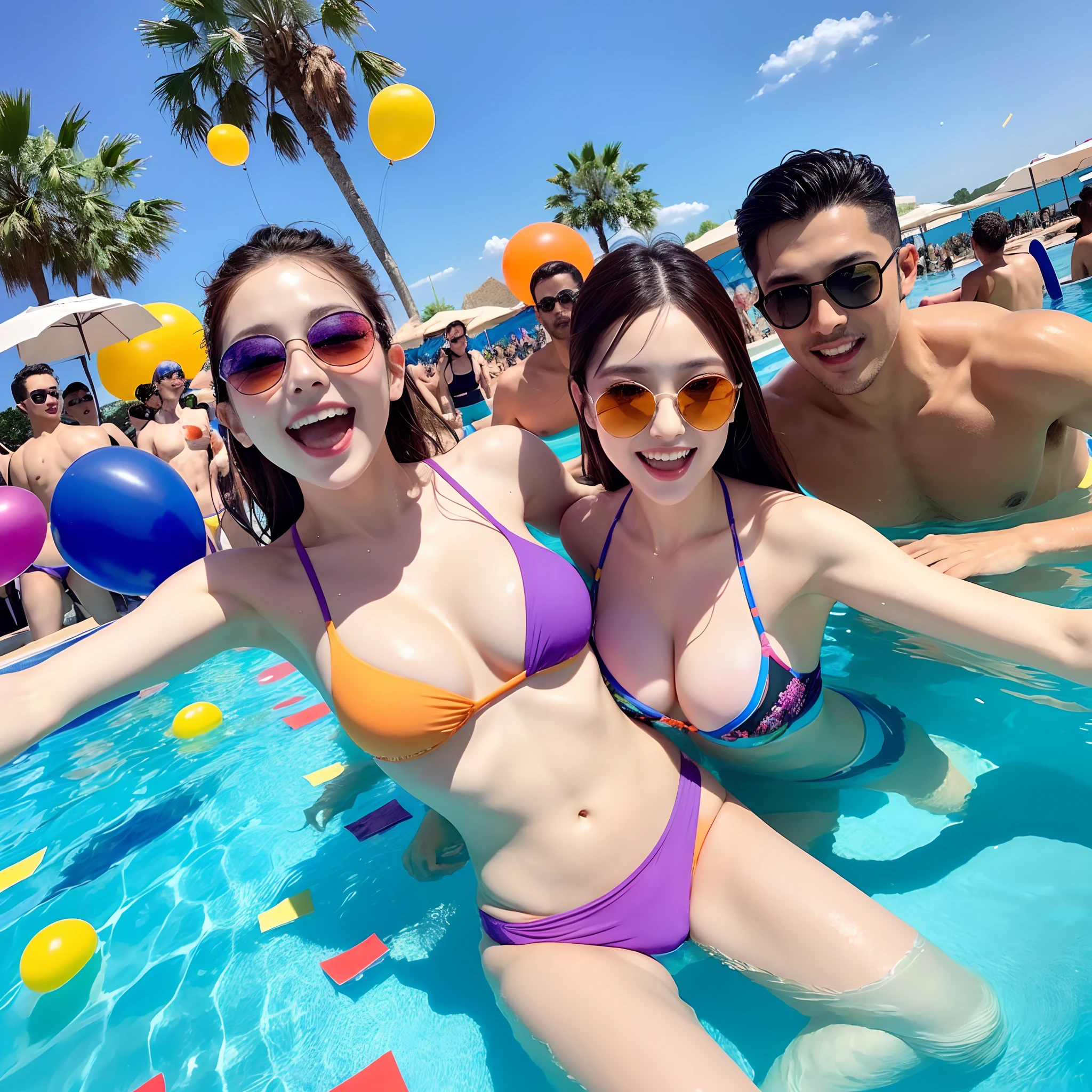 (masterpiece, best quality), beautiful group of men and woman swimming in a pool, polarized sunglasses, pool party, balloons and confetti, cakes everywhere, orange and purple,, bright colors, clean lines, photorealistic, close-up shot