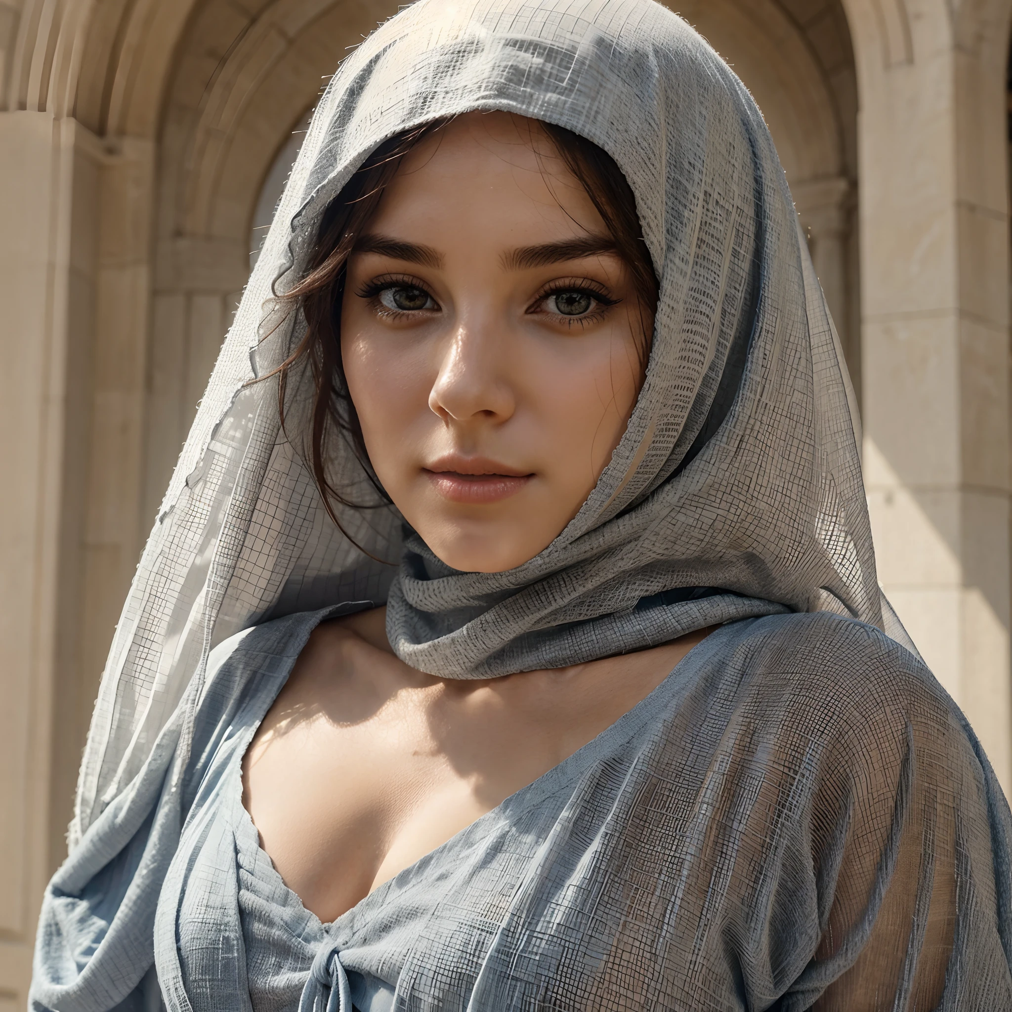 A woman with a very pretty face and veil that covers her head, The image should look like a photo and be very realistic. Elle doit avec une poitrine moyenne qui est apparente, on doit voir uniquement le haut de son corps.