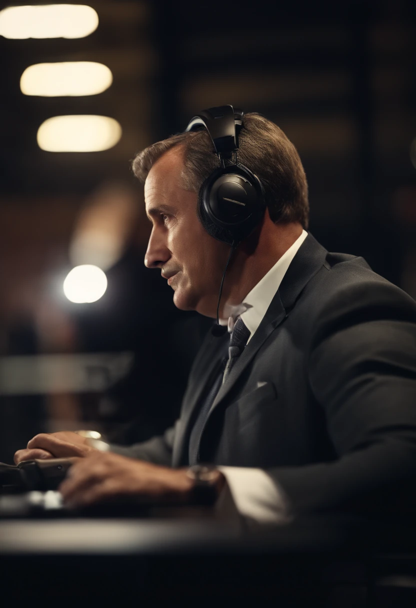 football sports commentator, breaking the news while in profile