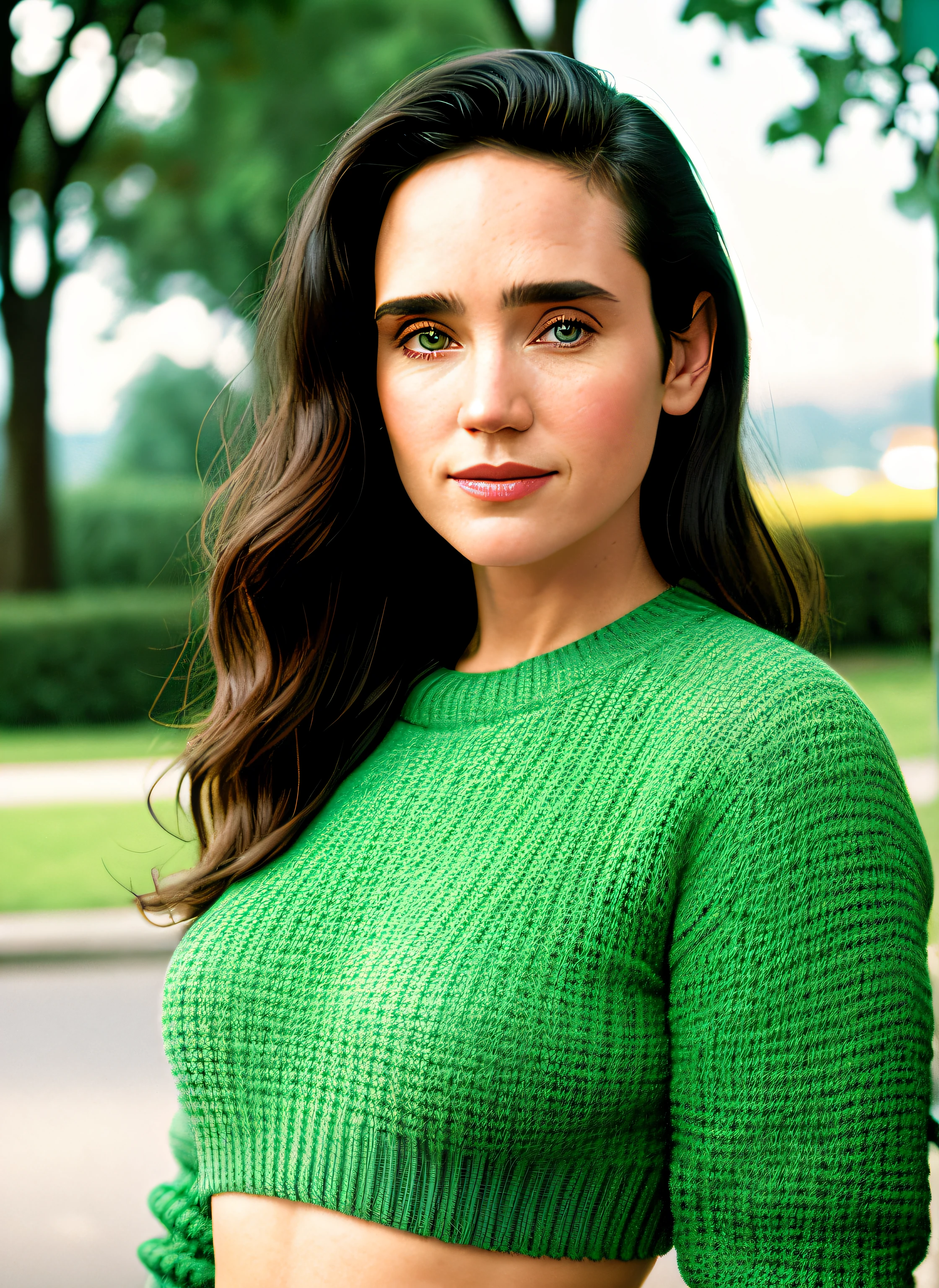 wearing a sweater, midriff, Portrait, exterior, Portrait, Eyes open,  Ward's Winning Photo, Best Quality, upper-body, Jennifer Connelly, nikon d850 film stock photograph 4 kodak 400 camera f1.6 lenses, saturated colors, Hyper-realistic, lifelike texture, natural lightin, trending on ArtStation Cinestill 800, (100mm lens)