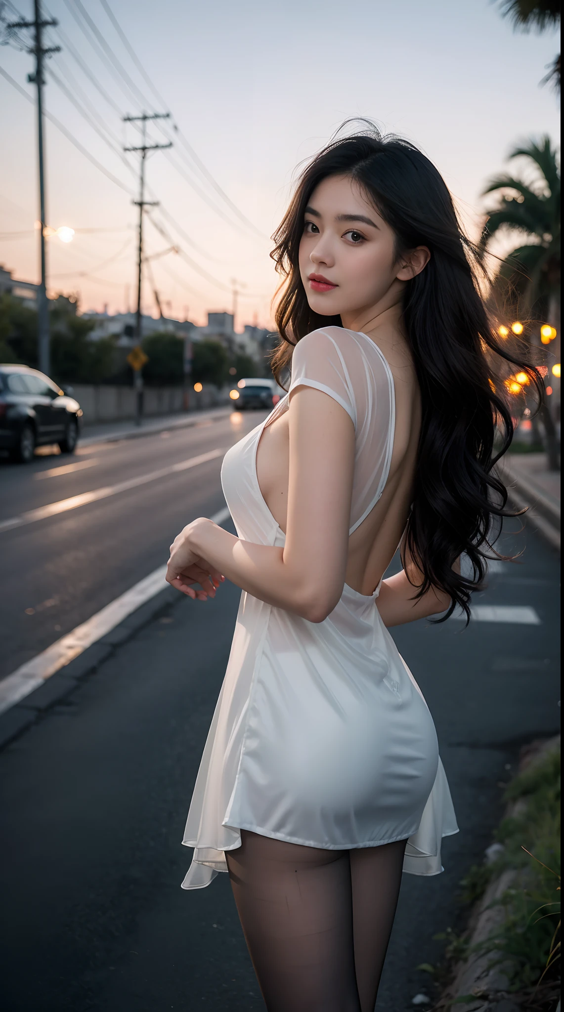 Realistic, RAW photo, Digital SLR, filmgrain, Fujifilm XT3, night shot, 1girll, goddes,Curly hair, Long hair, Silver hair,upper legs, ([:See-through:4]:1.2) Black dress, (Estampados florales:1.2),Black pantyhose,(deserted street), The light from the back window is backlighted ,Bokeh ,Contrast filters,(Smile:0.8),From the side Side,view the viewer,