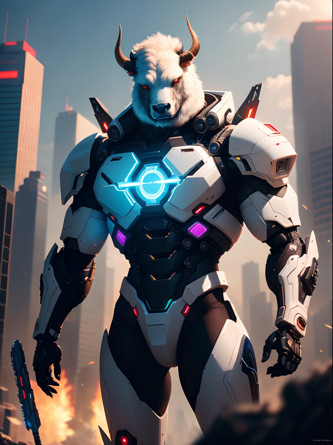 Dark_Fantasy,Cyberpunk, (Best Quality, Masterpiece),White,1Person,Mechanical Miracle,Robotic Bison Presence,Cybernetic Guardian,Wearing a Cybernetic Jacket, Futuristic from Marvel, (Cyborg), Bison, City, Highest Quality Digital Art, Stunning Art, 4k Wallpapers, High Detailed, Warzone, Black & White, Highest Quality Digital Art, Stunning Art, 4k,8k,64k, HD Wallpapers, Unbeatable Masterpiece, dynamic lighting, cinematic, epic, damaged mechanical parts